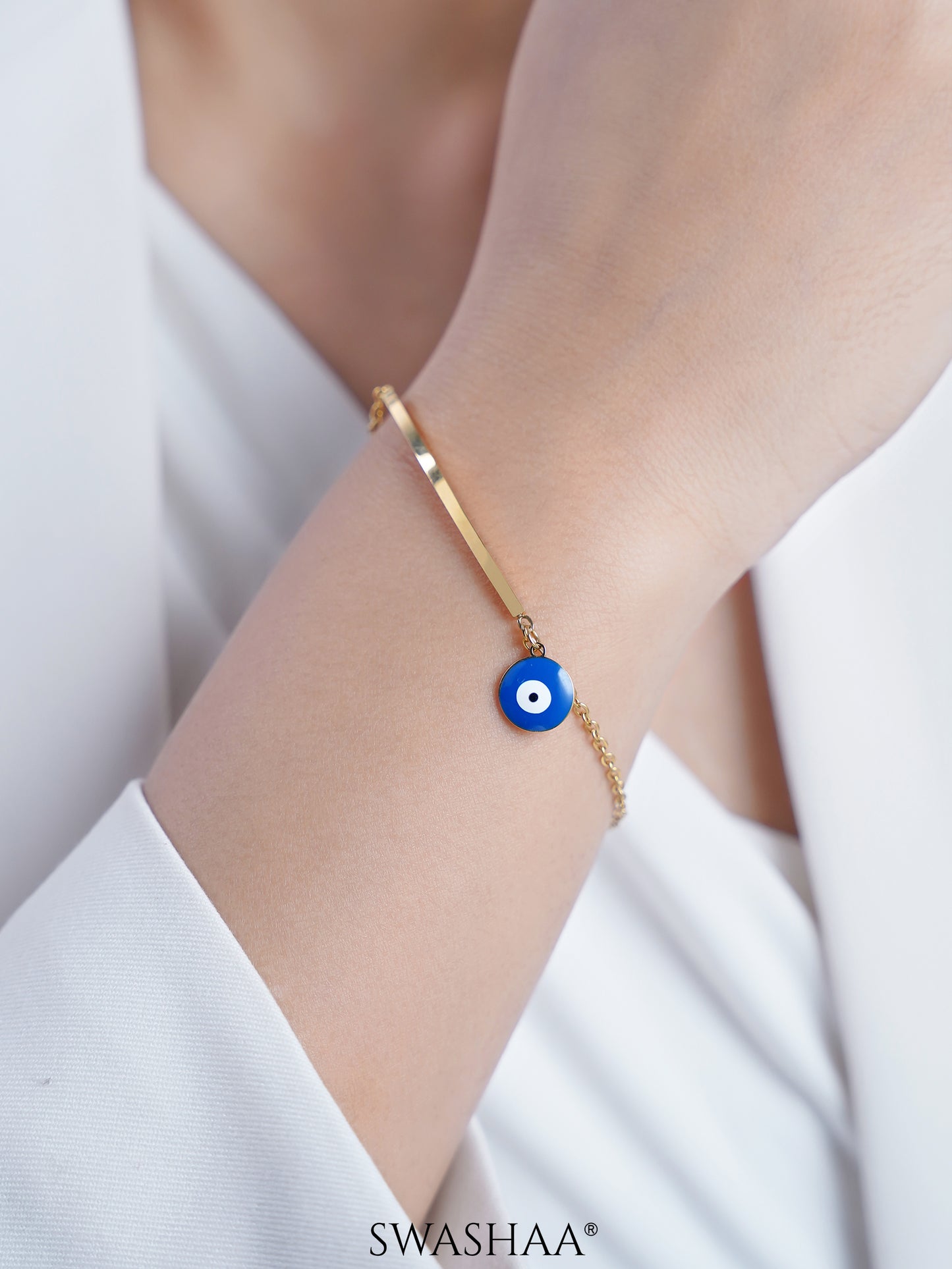 Evil Eye Blue Dangling 18K Gold Plated Bar Men's Bracelet