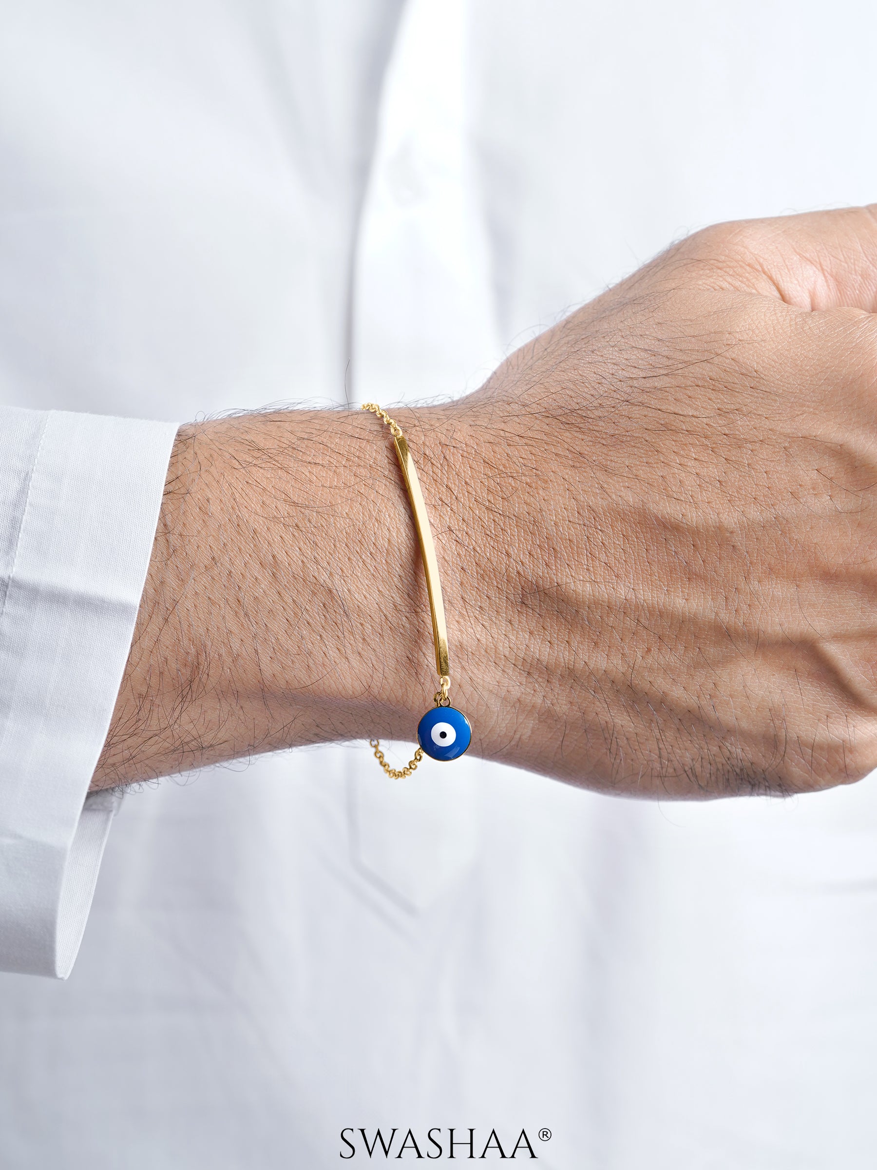 Evil Eye Blue Dangling 18K Gold Plated Bar Men's Bracelet