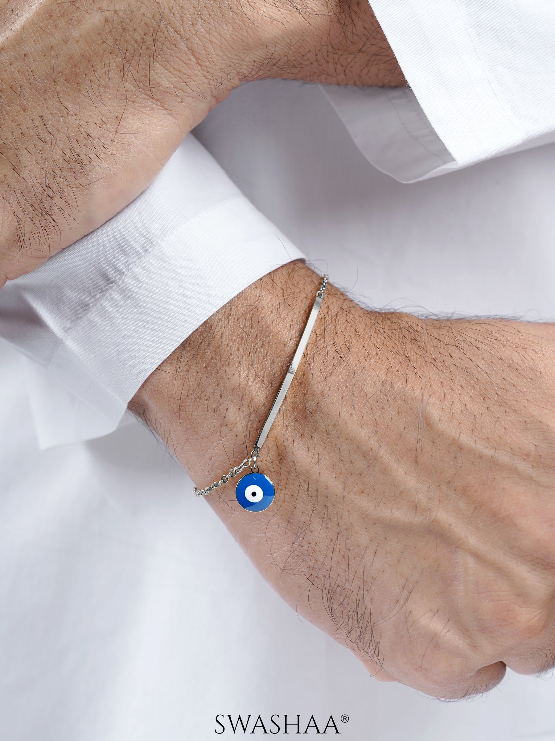 Evil Eye Blue Dangling Bar Silver Men's Bracelet