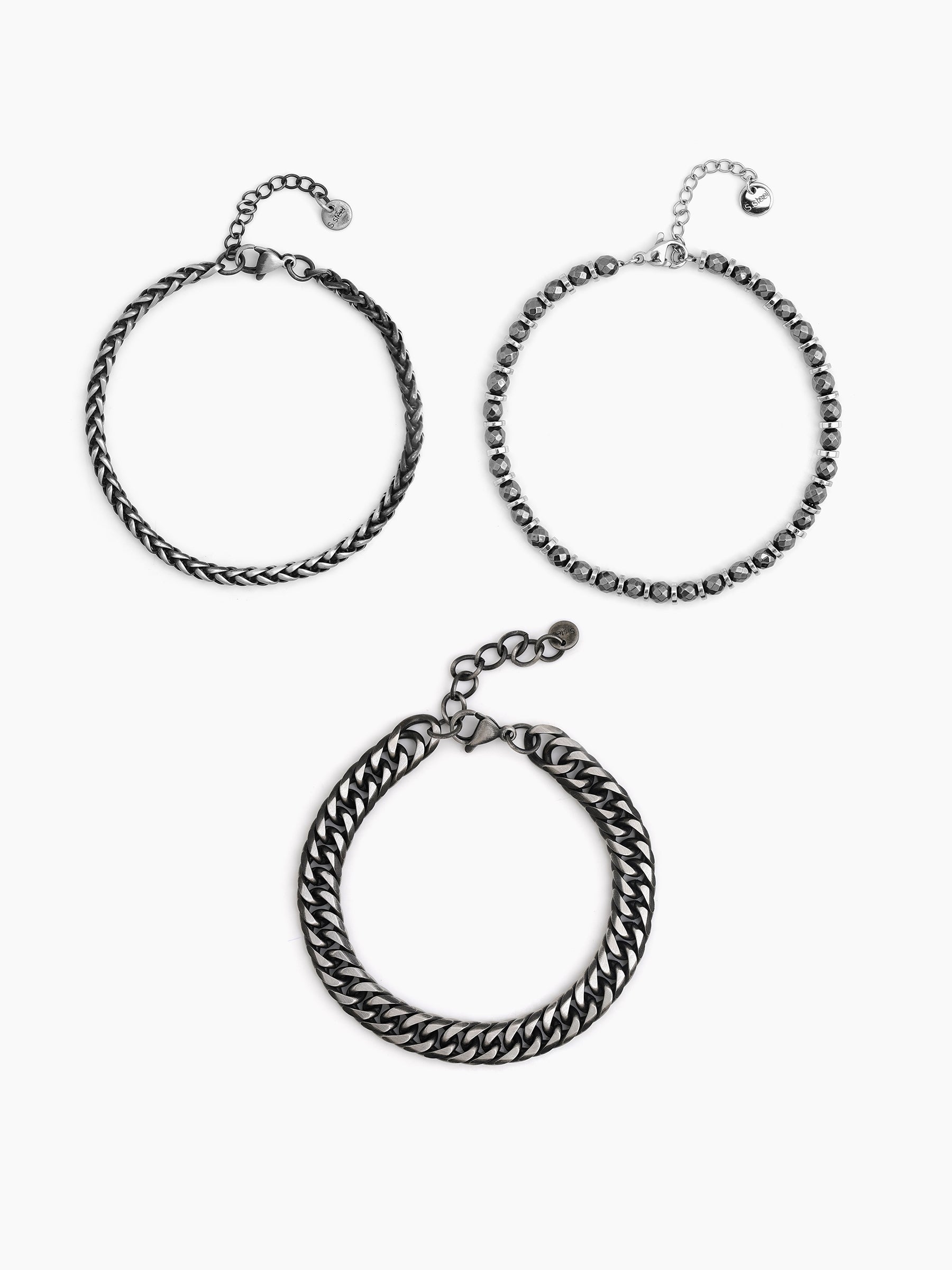 Evran Chain Beaded Silver-Black Men’s Bracelet Set - Swashaa