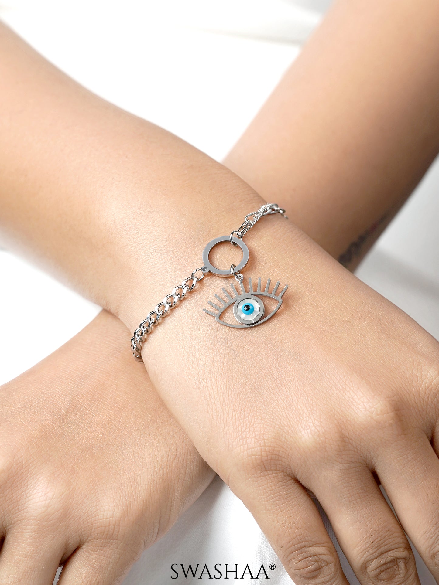 Evil Eye Charm Layered Silver Loose Chain Bracelet
