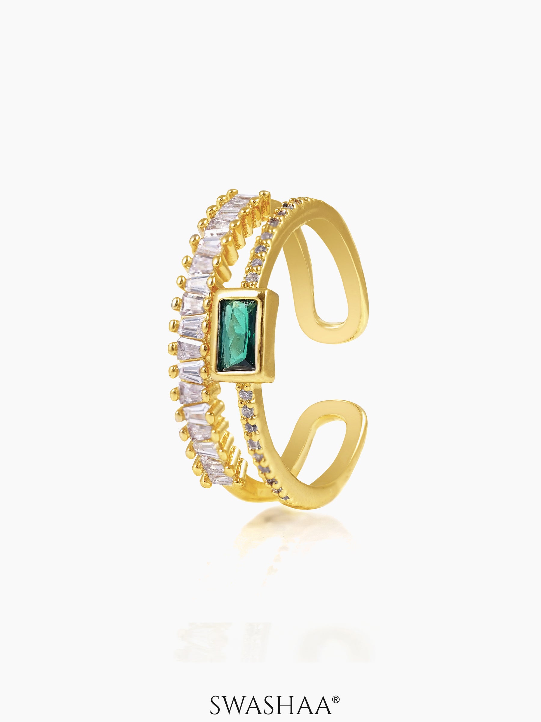 Fahari Emerald Cut Green Stone Diamond 18K Gold Plated Ring