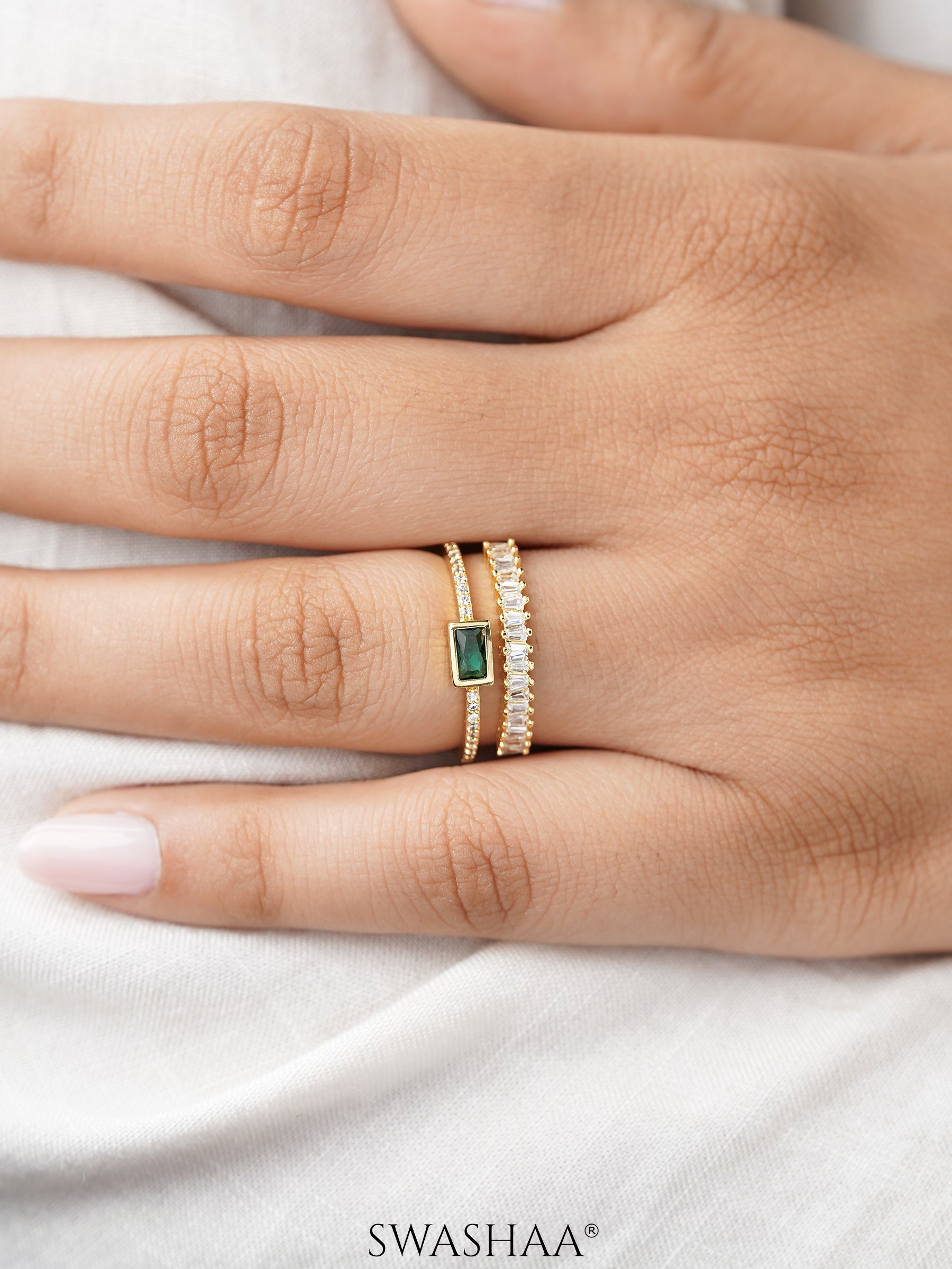 Fahari Emerald Cut Green Stone Diamond 18K Gold Plated Ring