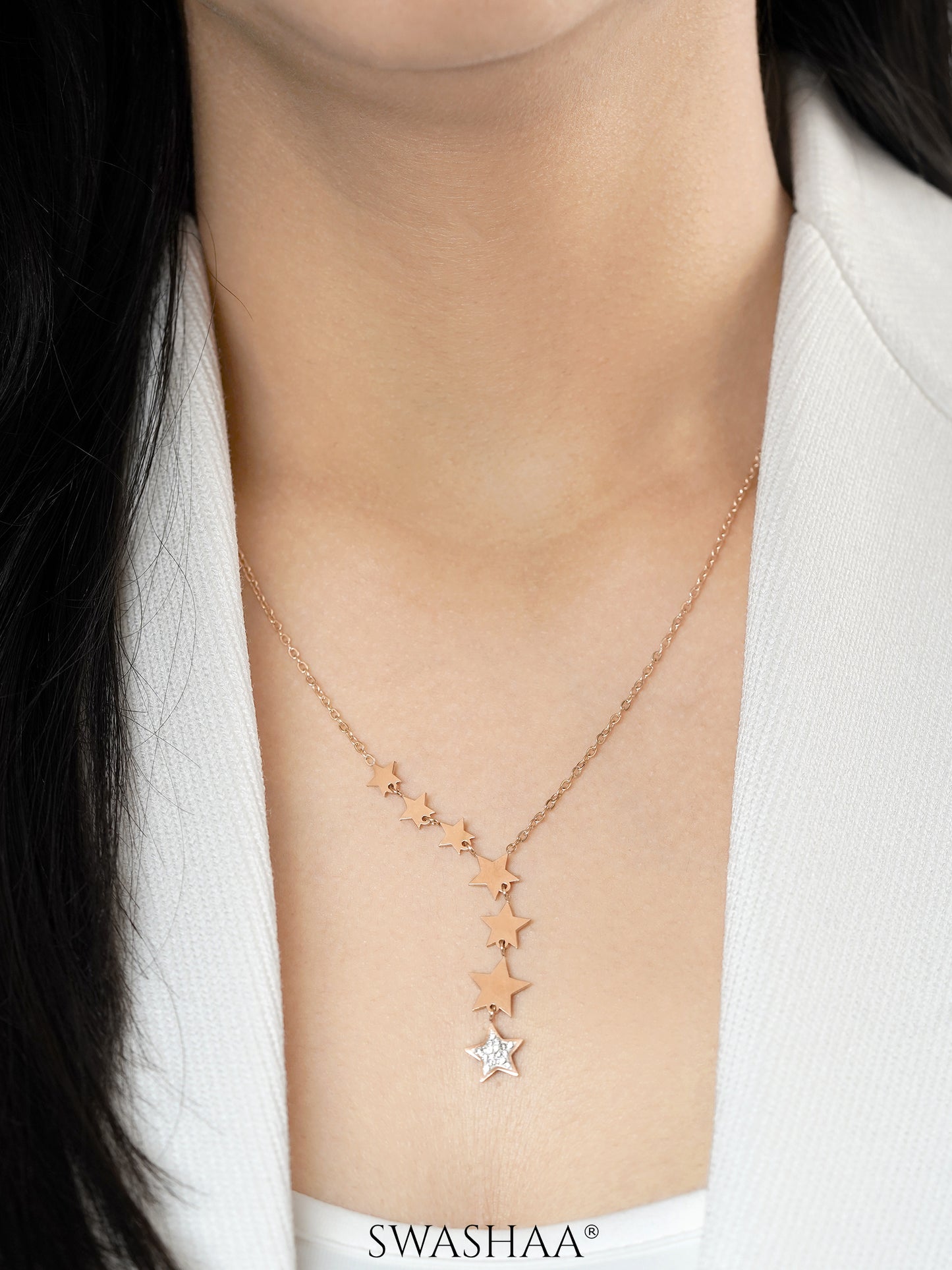Fairy Stars Charms Y-Shaped Rosegold Plated Chain Pendant Necklace