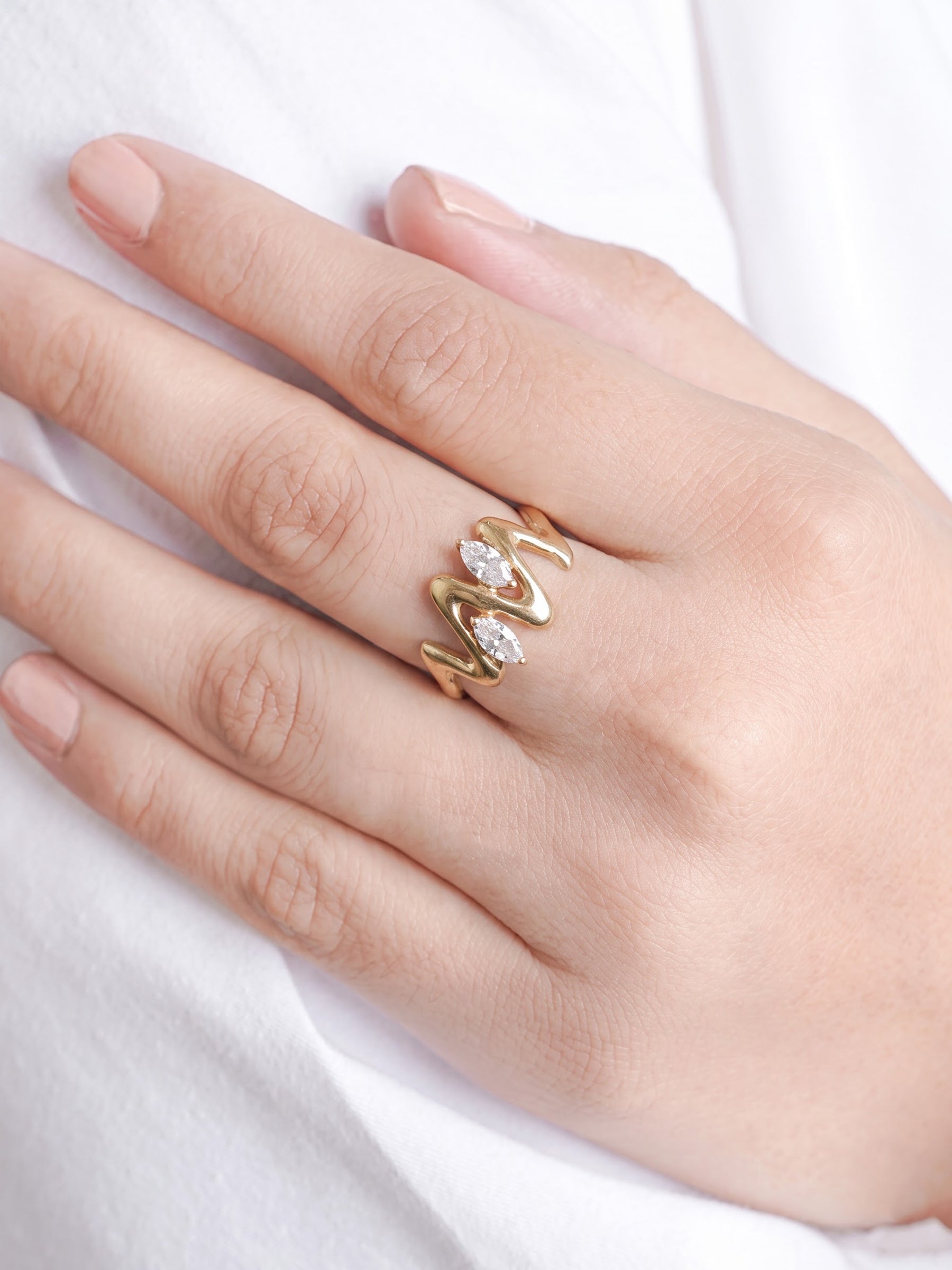 Fenella Diamond Solitaire Wave 18K Gold Plated Women's Ring