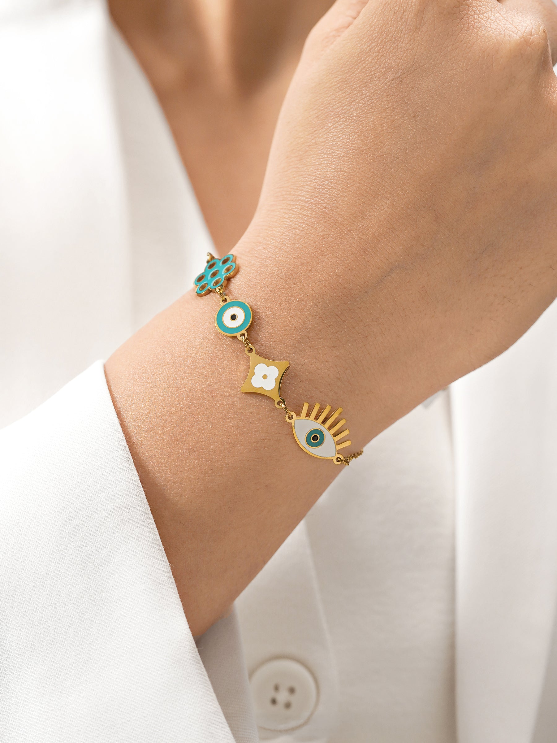 Finno Turqoise Evil Eye Clover Flower Charms 18K Gold Plated Loose Chain Bracelet