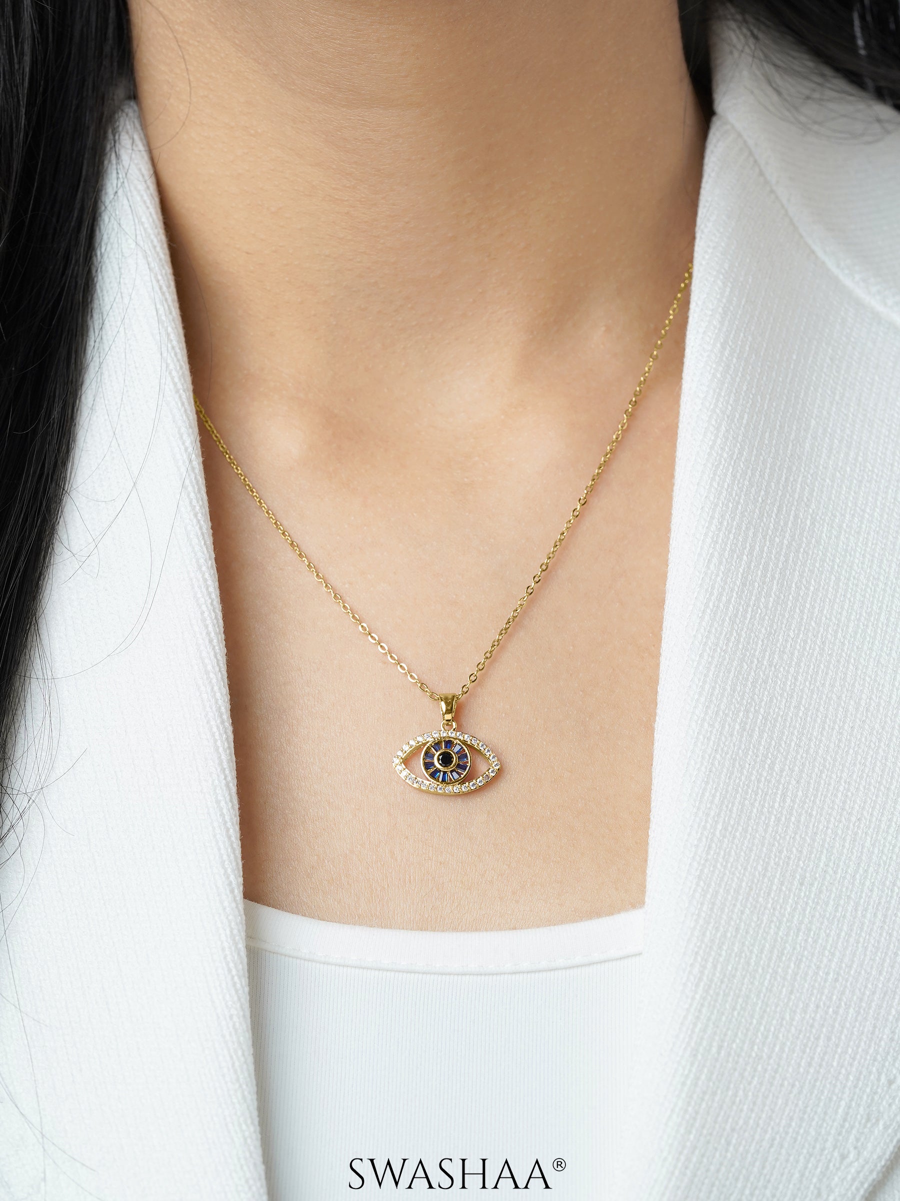 Fire & Ice Blue Diamond Evil Eye Charm 18K Gold Plated Necklace