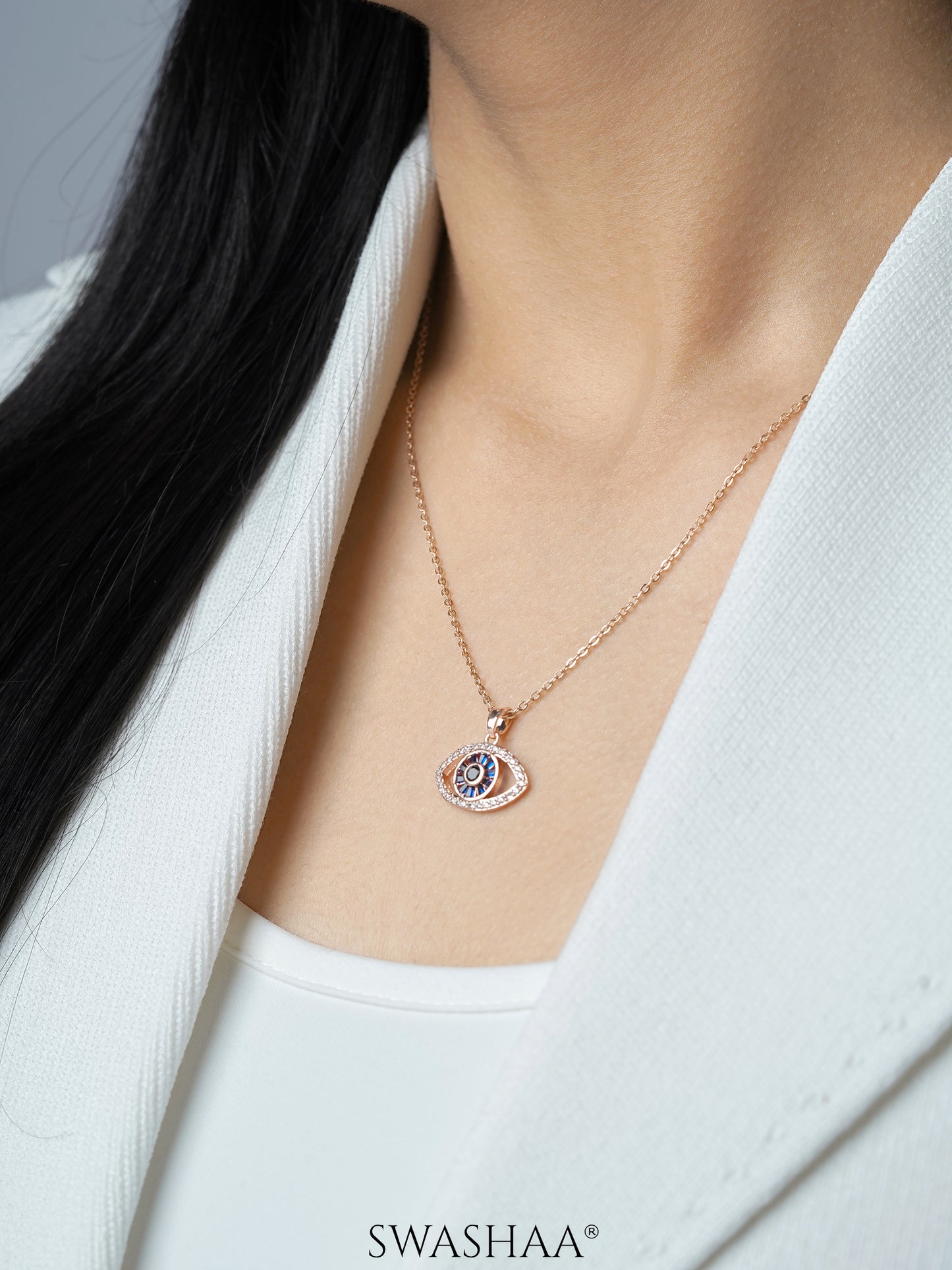 Fire & Ice Blue Diamond Evil Eye Charm Rosegold Plated Chain Necklace Pendant
