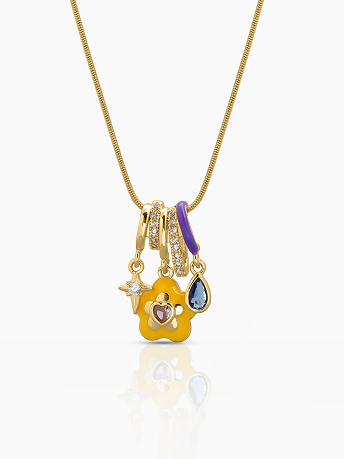 Flore Yellow Fower With A Star, Teardrop Bue Stone Charms 18K Gold Plated Chain Pendant