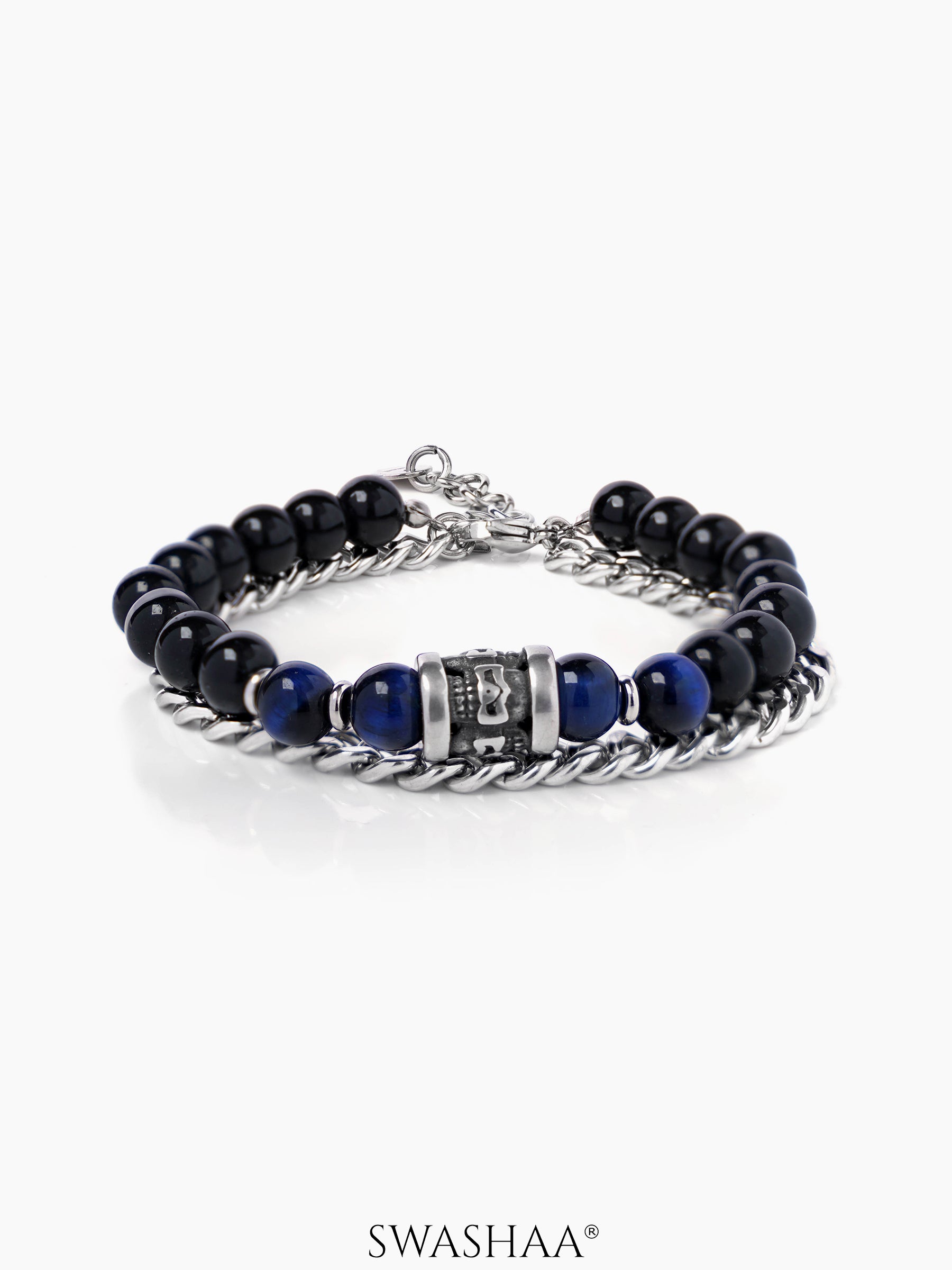 Ford Glossy Black Beads Silver Men's Loose Bracelet