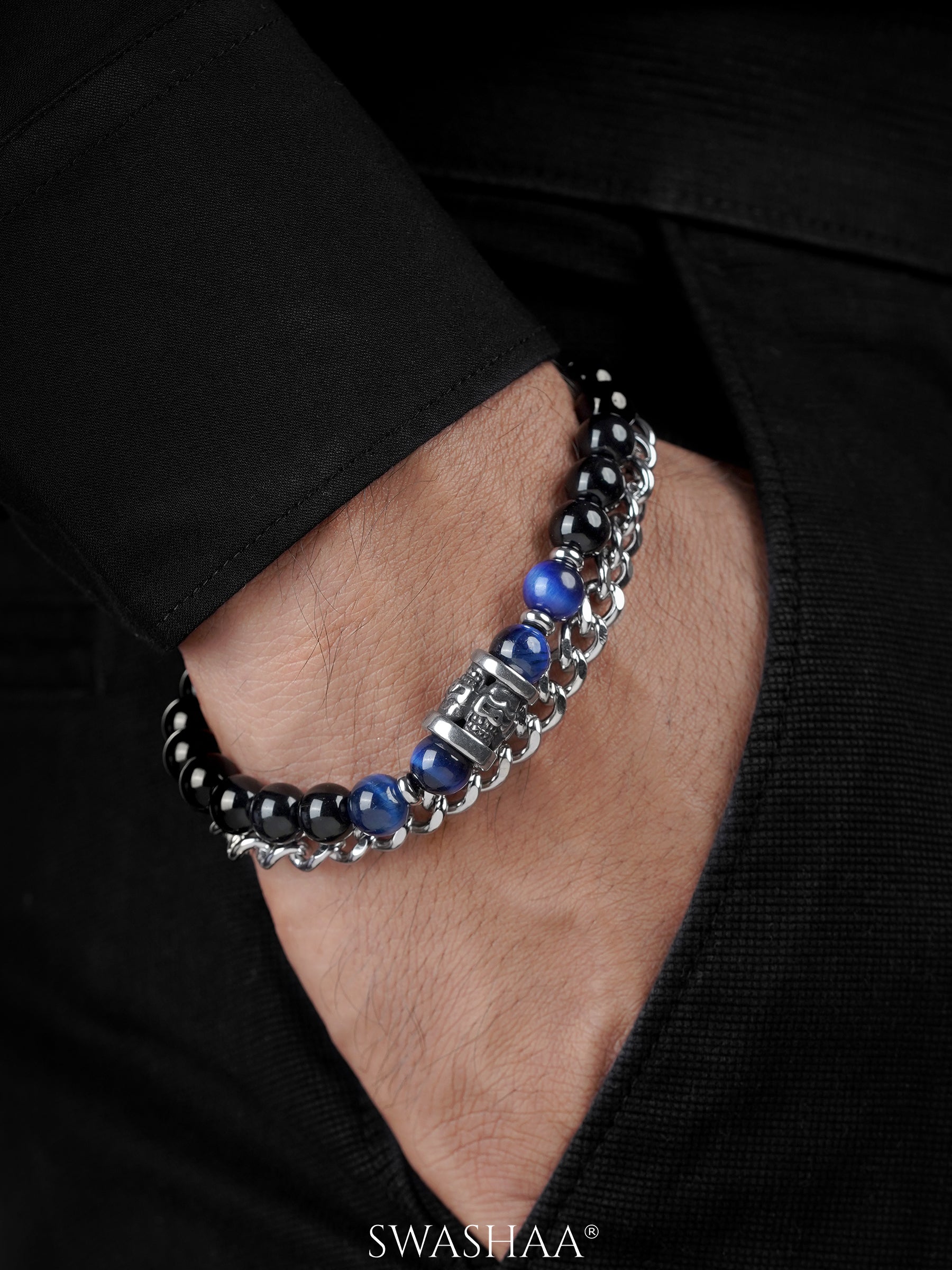 Ford Glossy Black Beads Silver Men's Loose Bracelet