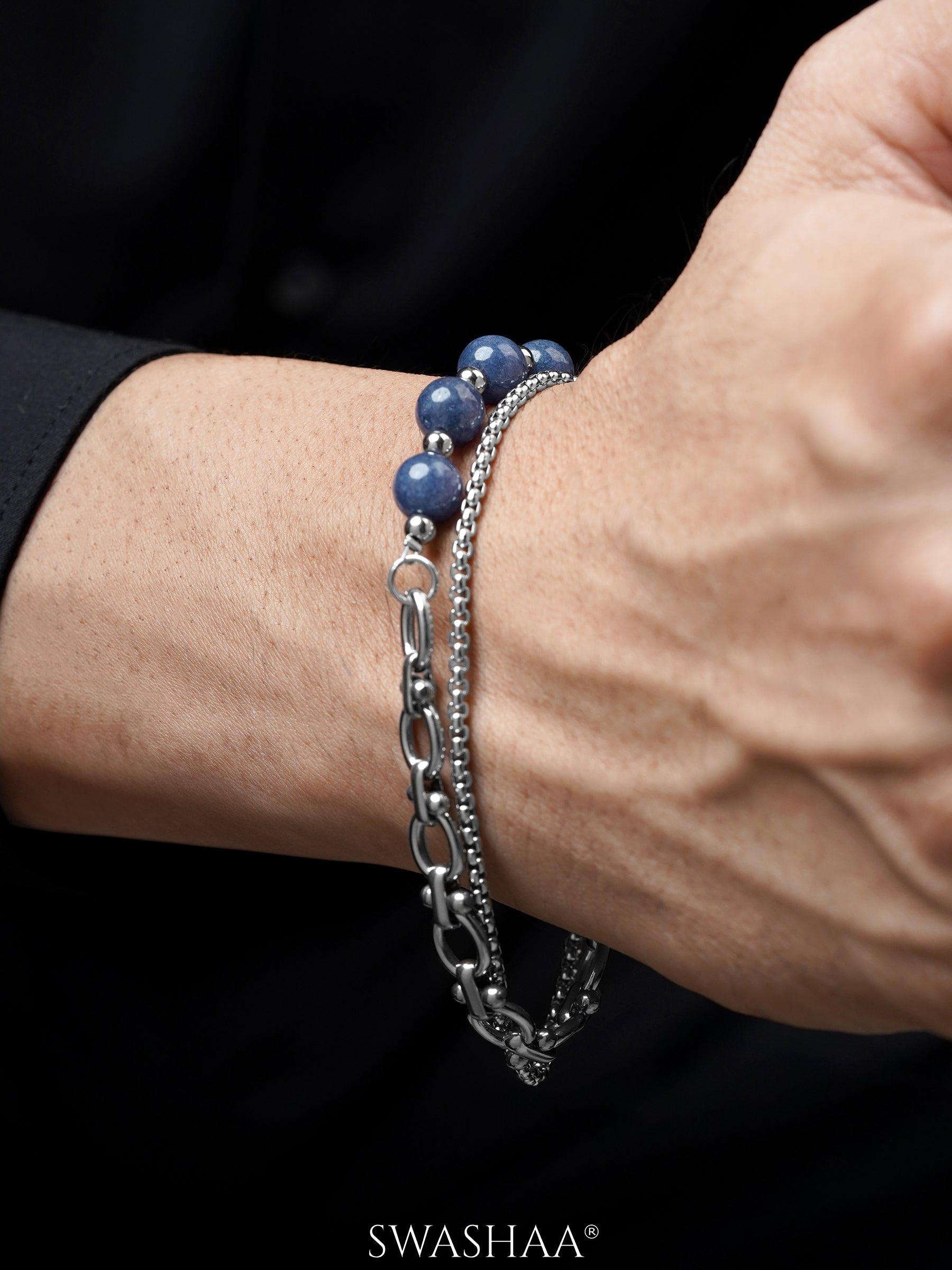 Franso Linked Chain Purple Beads Silver Men's Chain Loose Bracelet