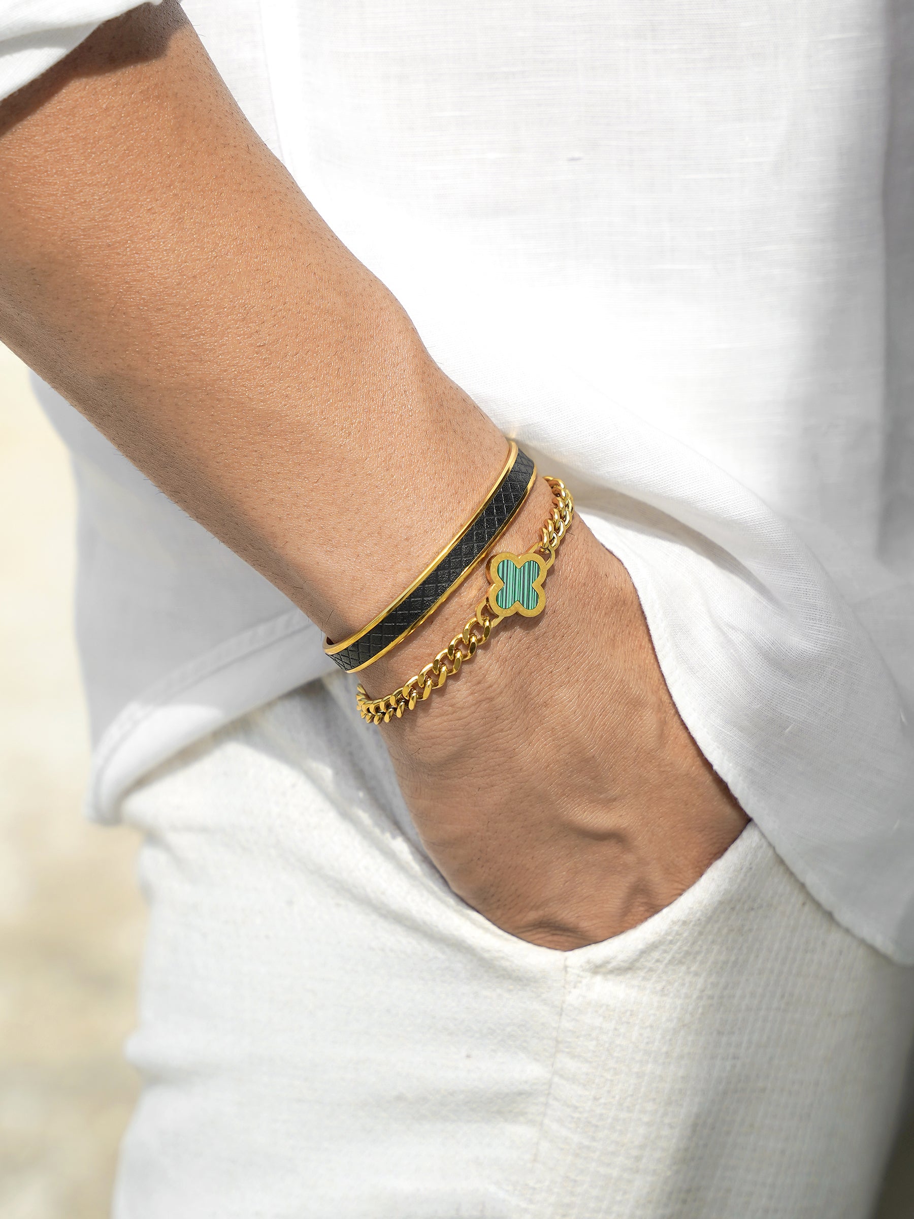 Fred Leather Teaxtured Strip 18K Gold Plated Men's Bracelet