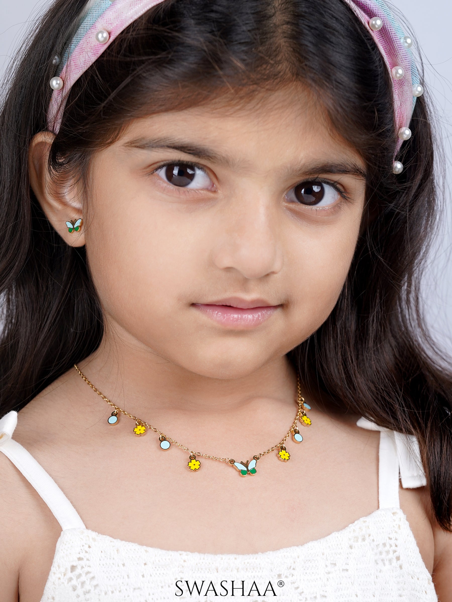 Furry Butterfly & Flower Chamrs 18K Gold Plated Kid's Necklace, Furry Butterfly Charm 18K Gold Plated Kid's Stud Earrings