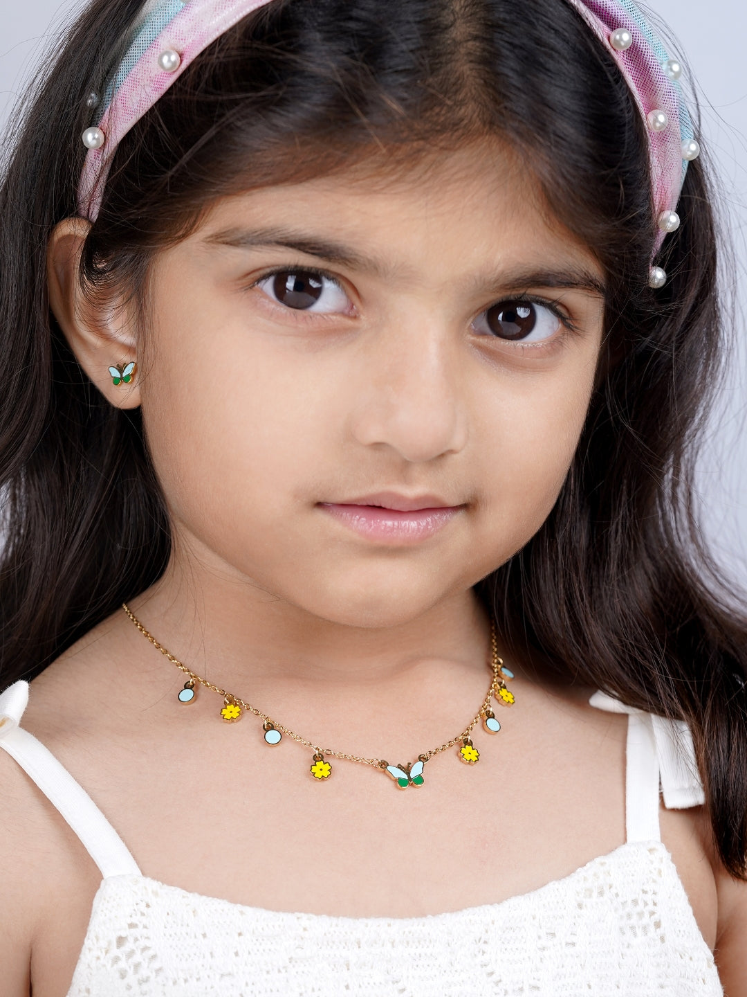 Furry Butterfly & Flower Floral Charms Kid's Jewelry Set Of 2 Necklace & Stud Earrings