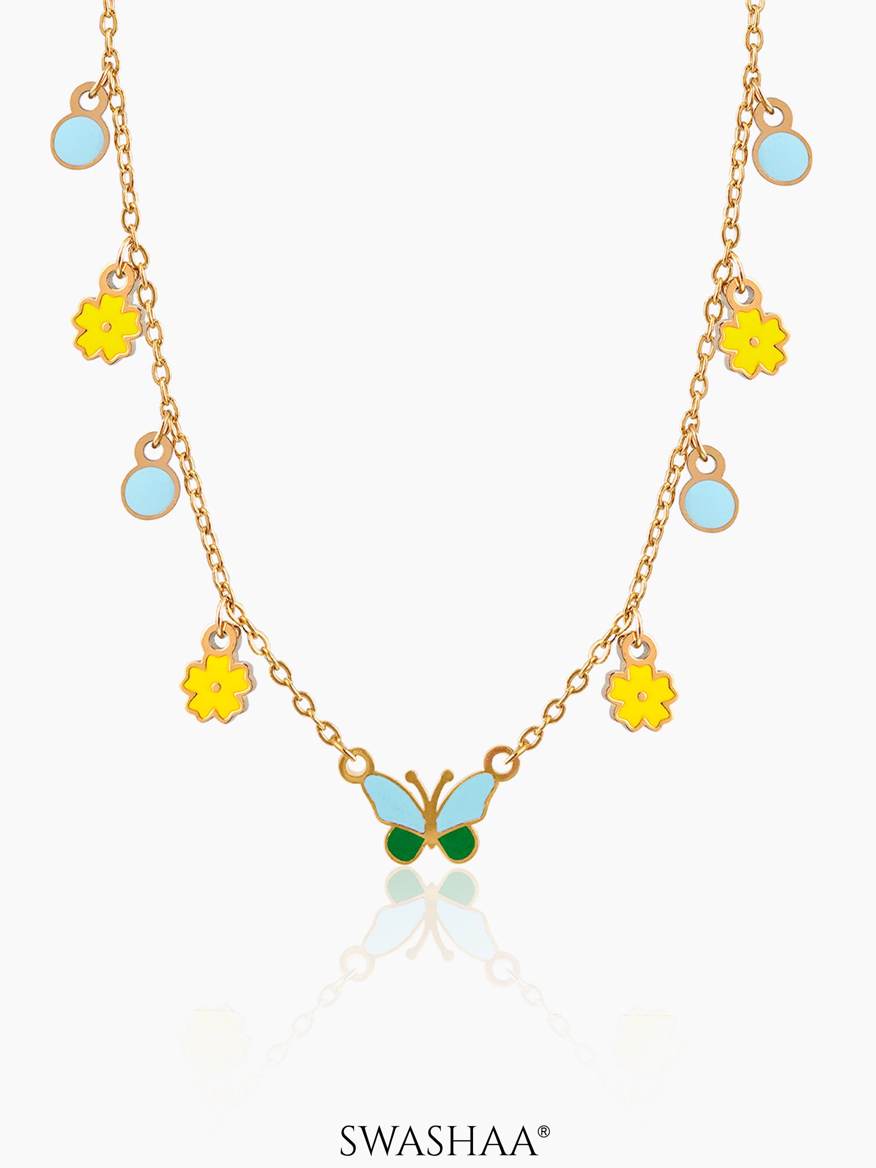 Furry Butterfly & Flower Chamrs 18K Gold Plated Kid's Necklace