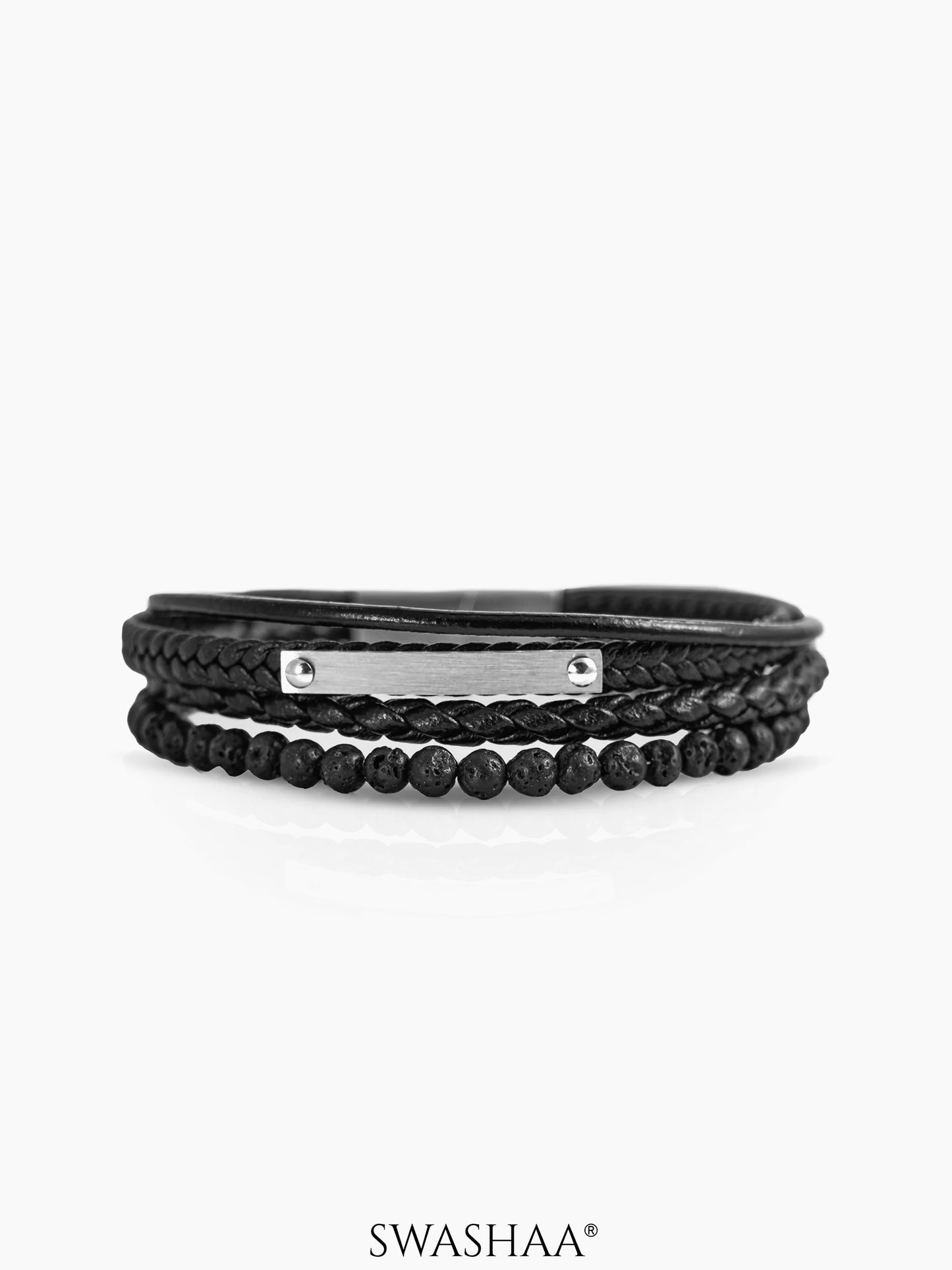 Fury Layered Black Beads Silver Metallic Rectangular Plate Men's Leather Bracelet