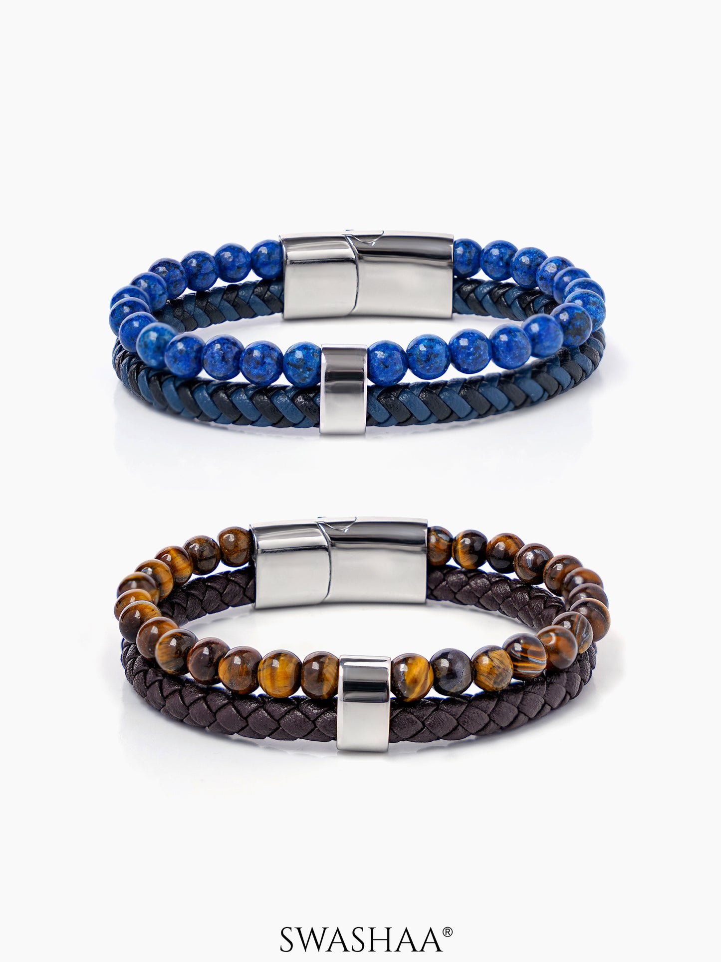 Galleo Beaded Brown Tiger Eye Braided Men's Leather Bracelet