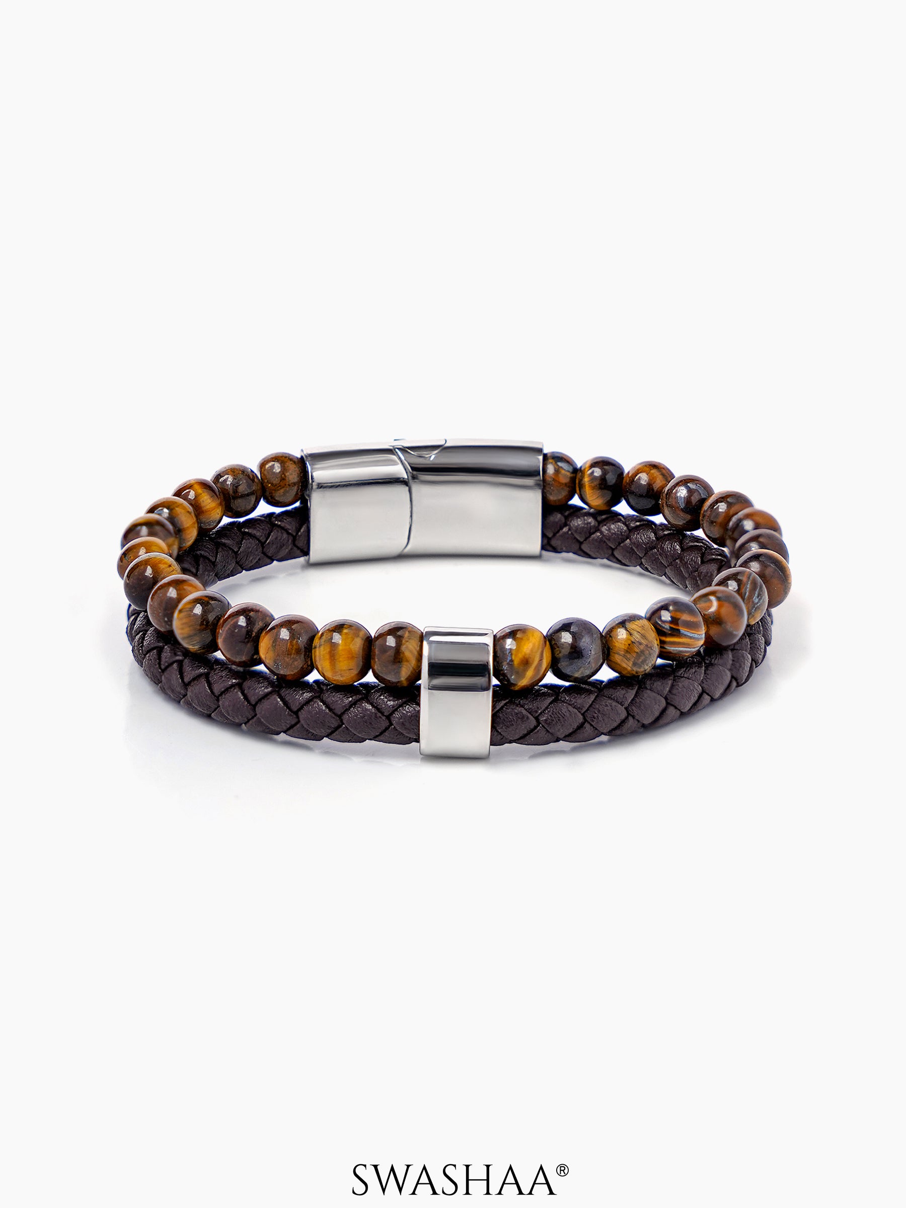 Galleo Beaded Brown Tiger Eye Braided Men's Leather Bracelet