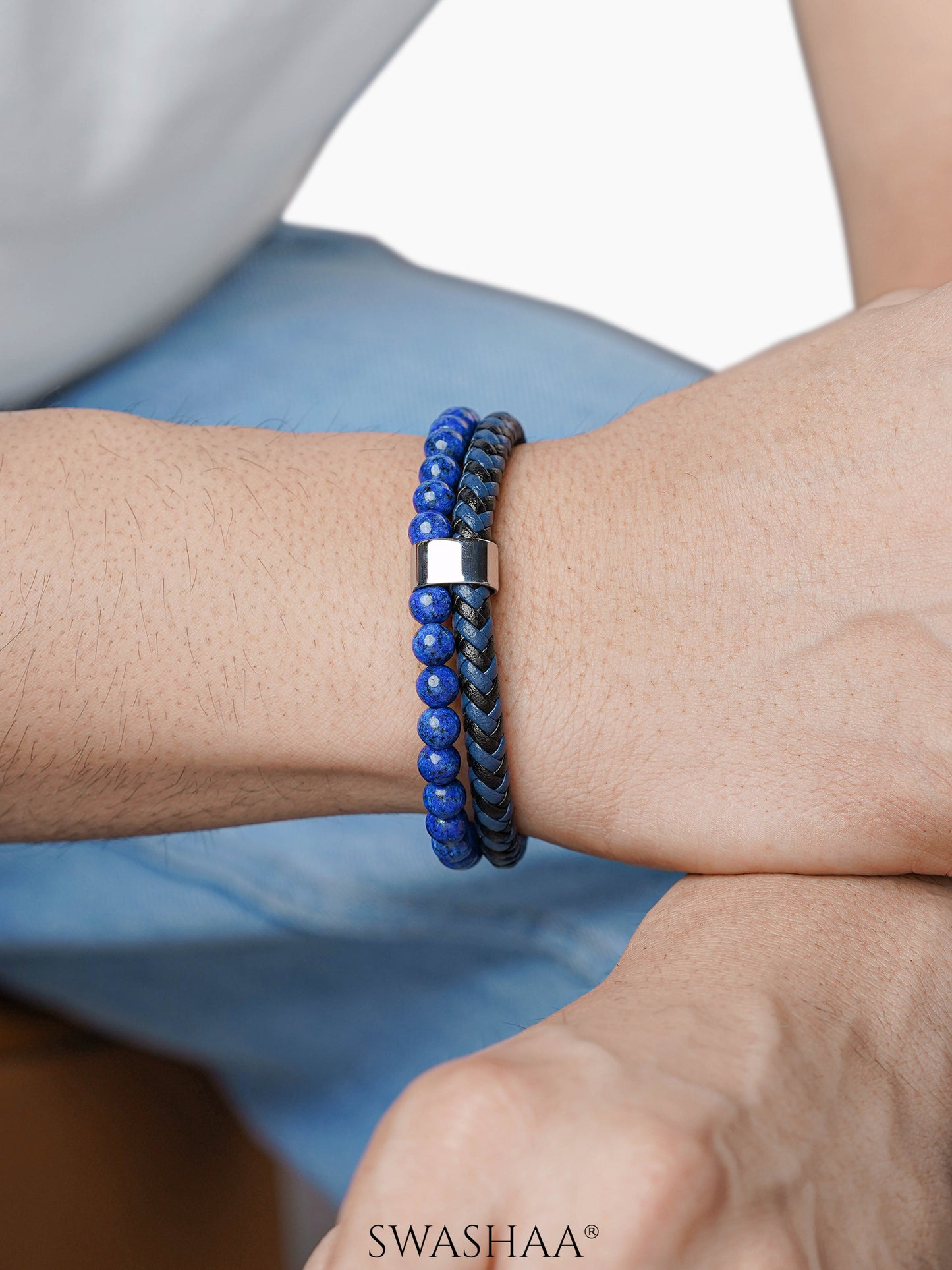 Galleo Double Strand Navy Blue-Black Stone Beads Men's Leather Bracelet