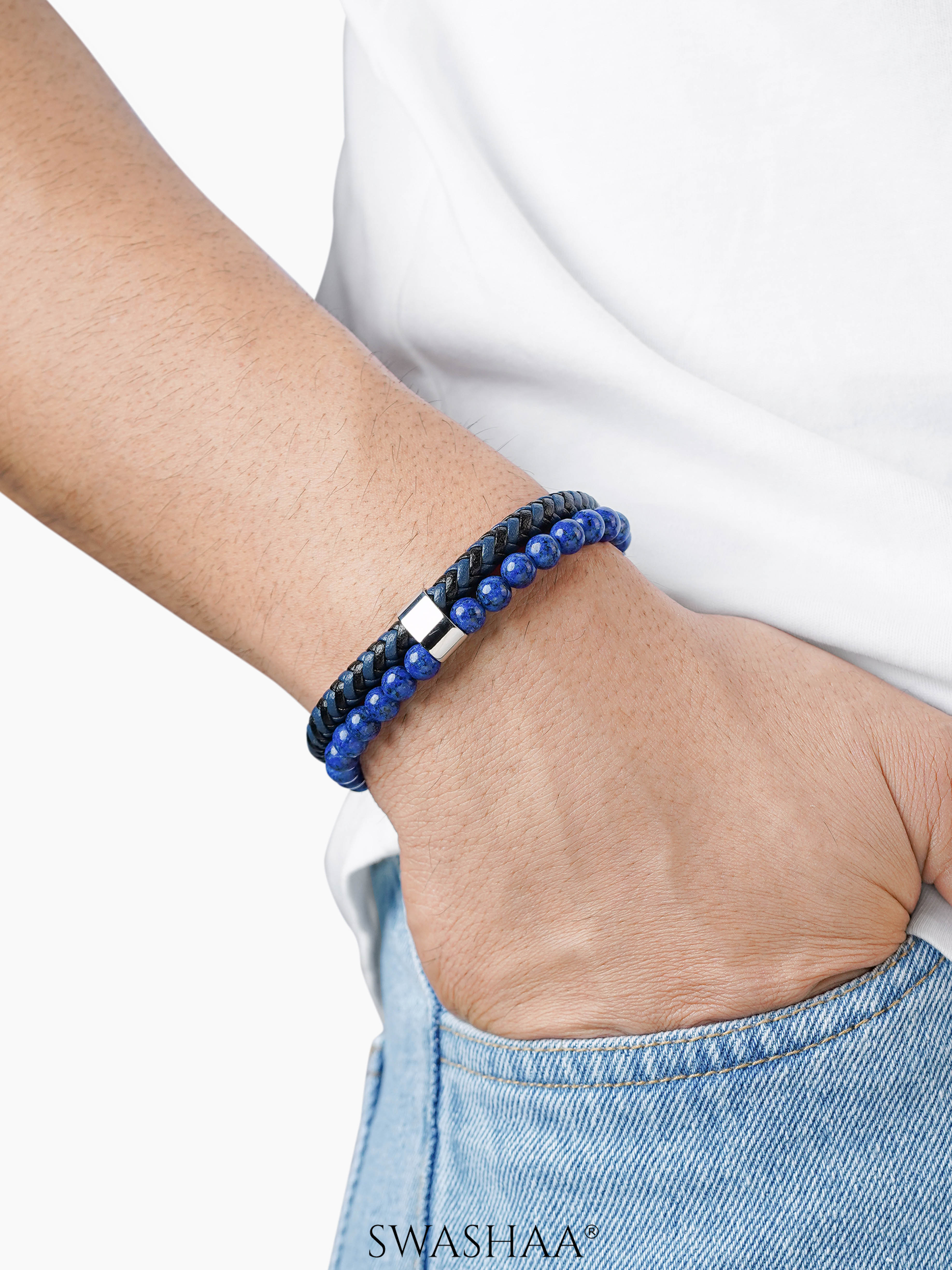 Galleo Double Strand Navy Blue-Black Stone Beads Men's Leather Bracelet