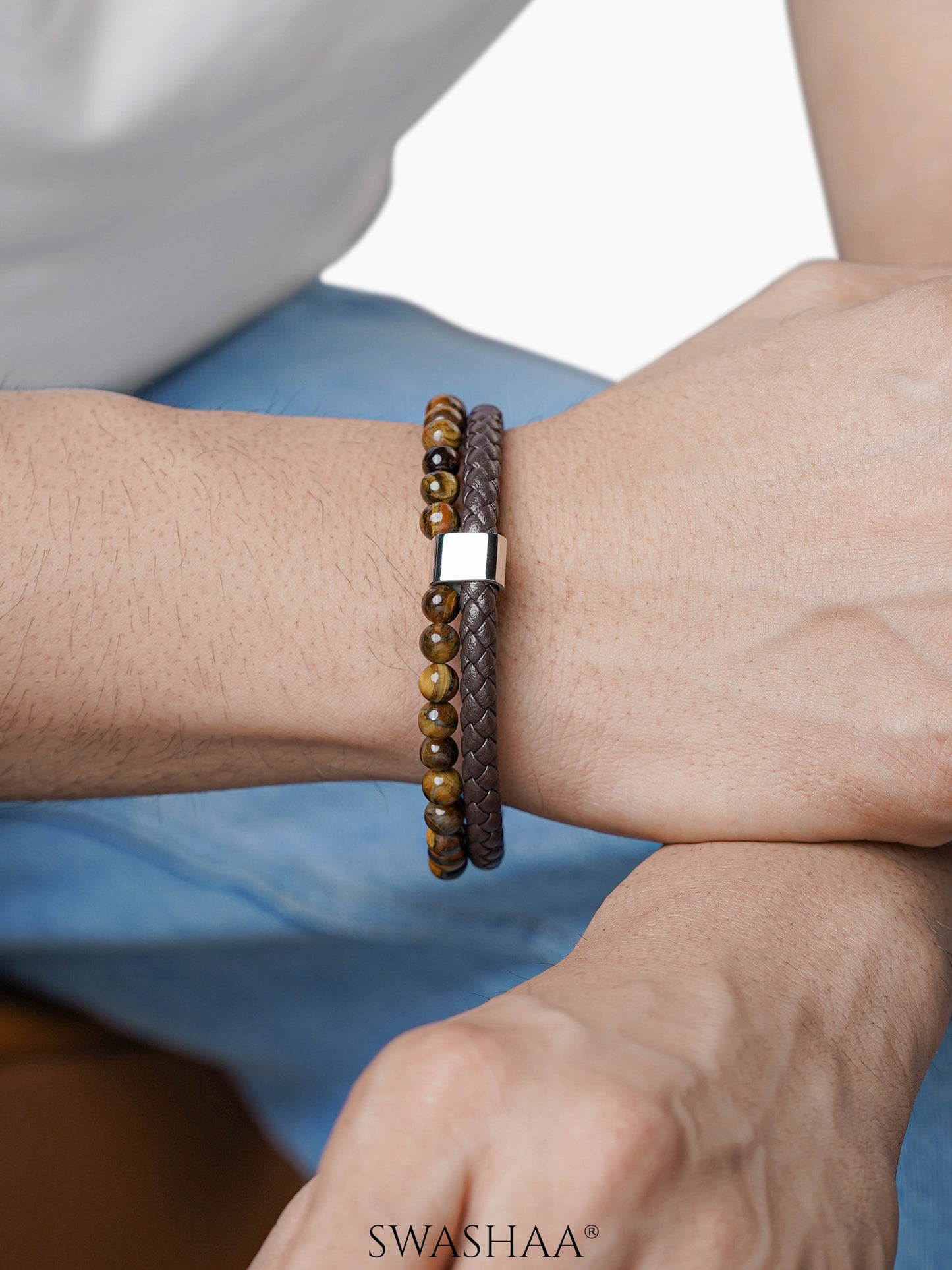 Galleo Beaded Brown Tiger Eye Braided Men's Leather Bracelet