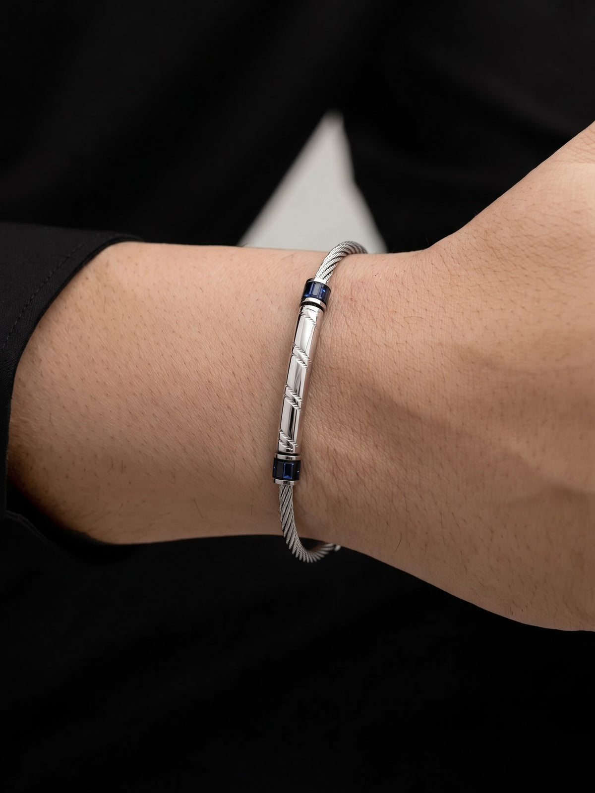 Garrett Silver Twist Blue Bead Wired Men's Bracelet