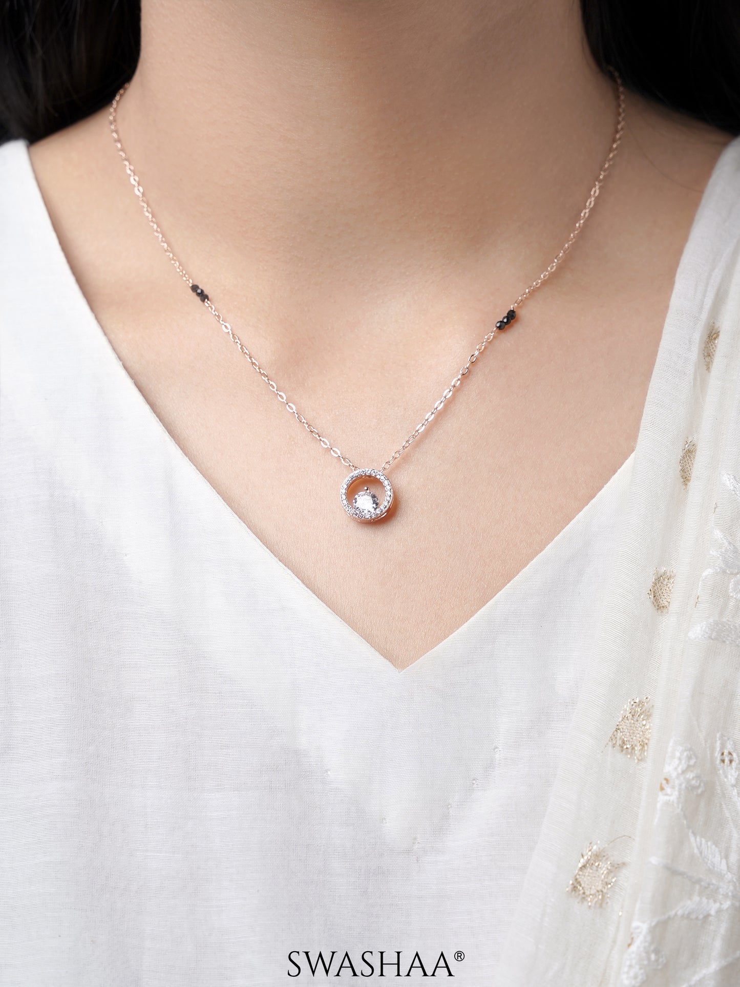 Gemma Diamond Solitaire Rosegold Plated Pendant Mangalsutra