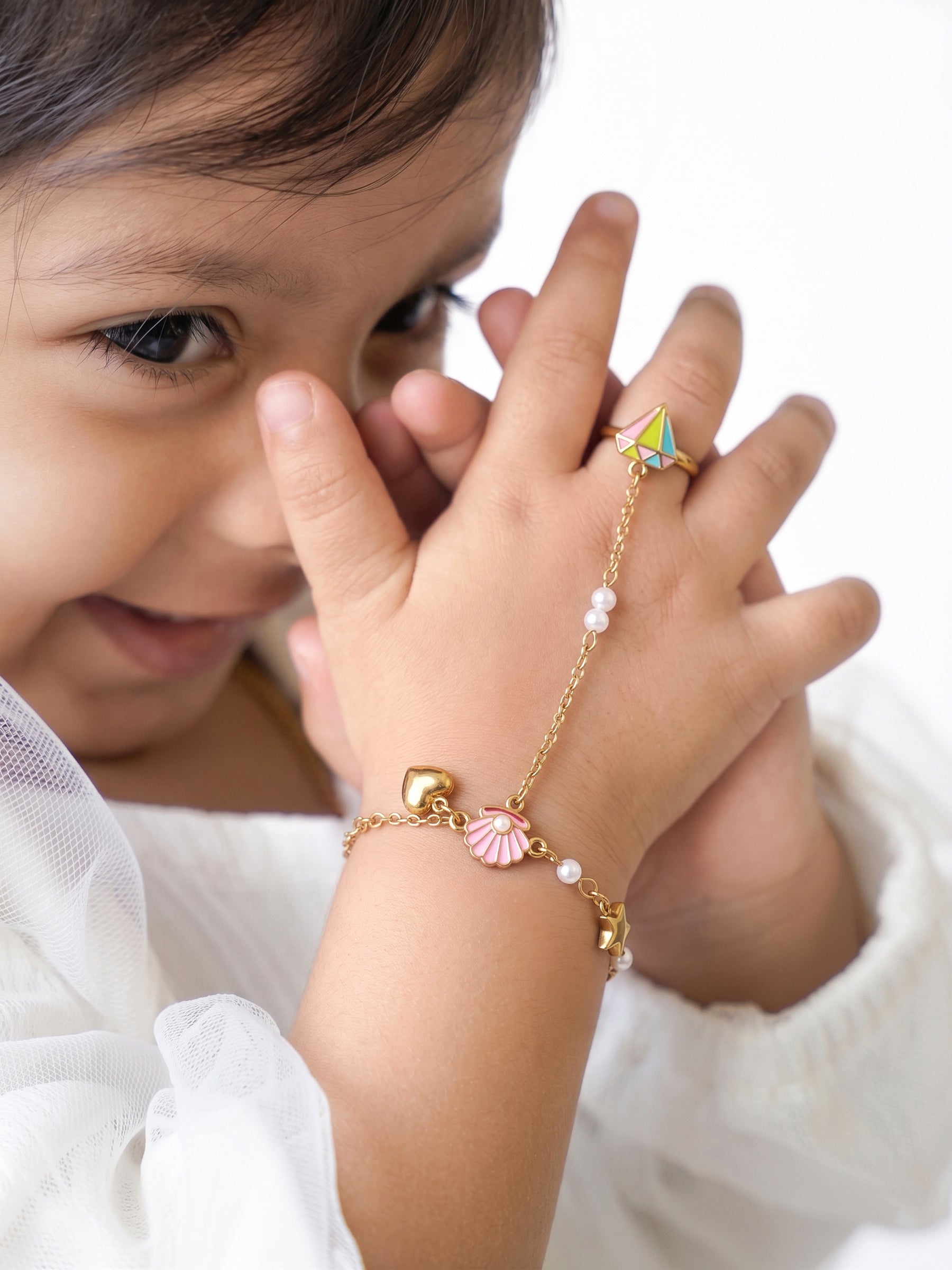 Gemmy Heart Shell Starfish Pearl Diamond Charms 18K Gold Plated Kid's Ring Bracelet