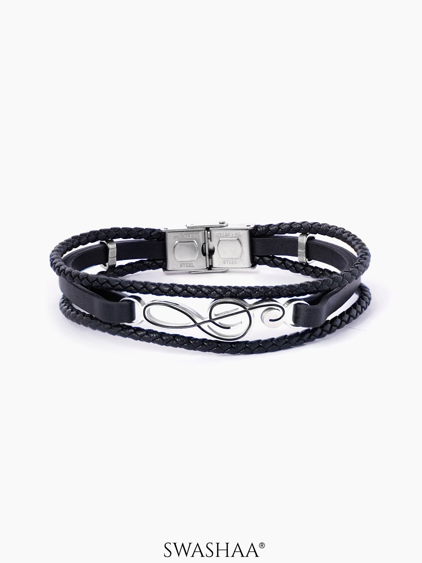 Gilbert Dual Layered Musical Infinity Charm Black Men's Leather Bracelet