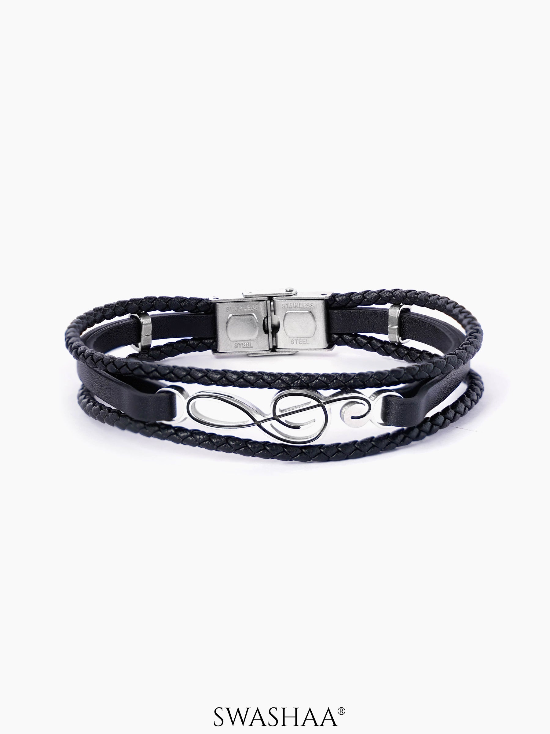Gilbert Dual Layered Musical Infinity Charm Black Men's Leather Bracelet