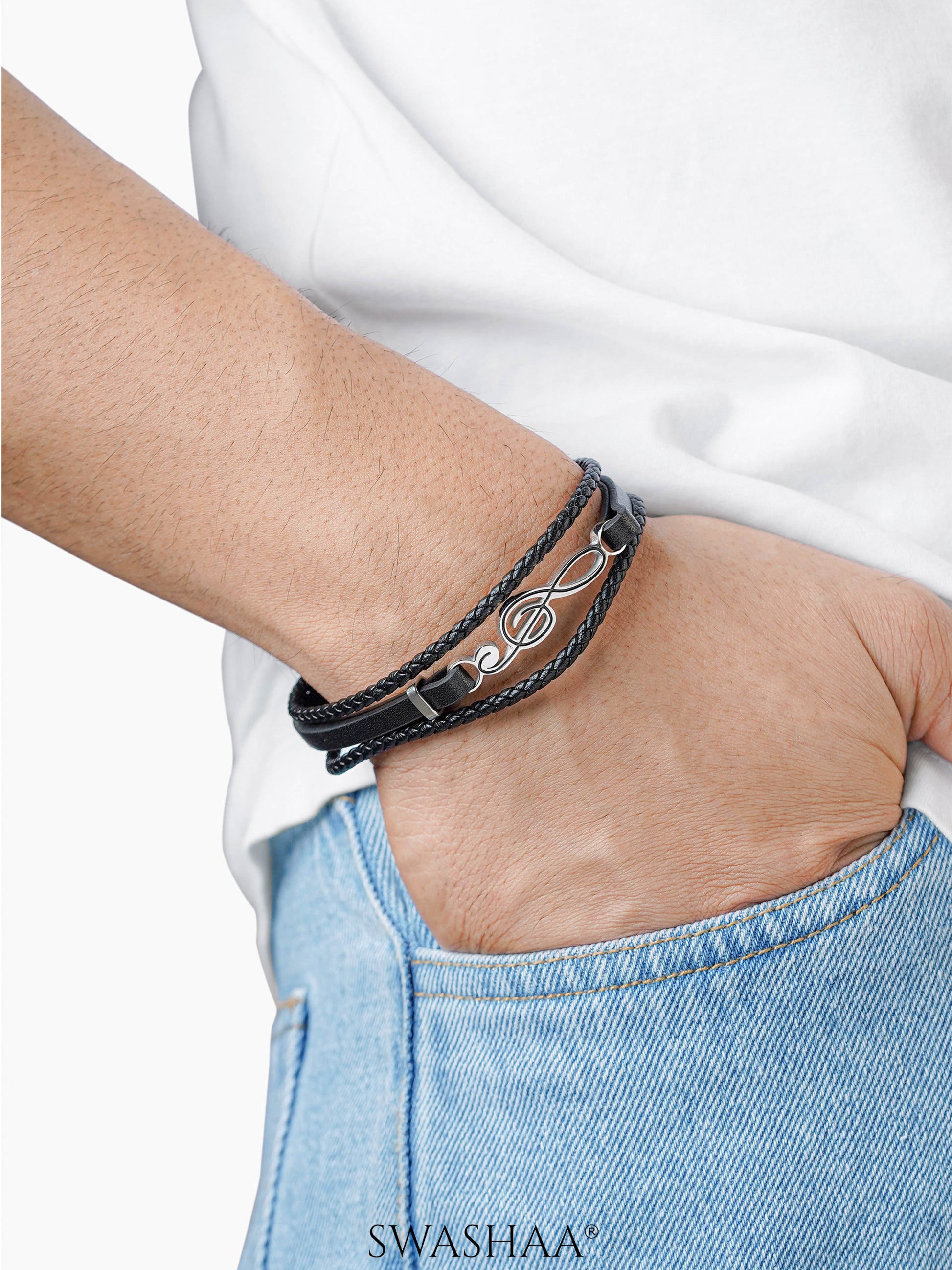 Gilbert Dual Layered Musical Infinity Charm Black Men's Leather Bracelet