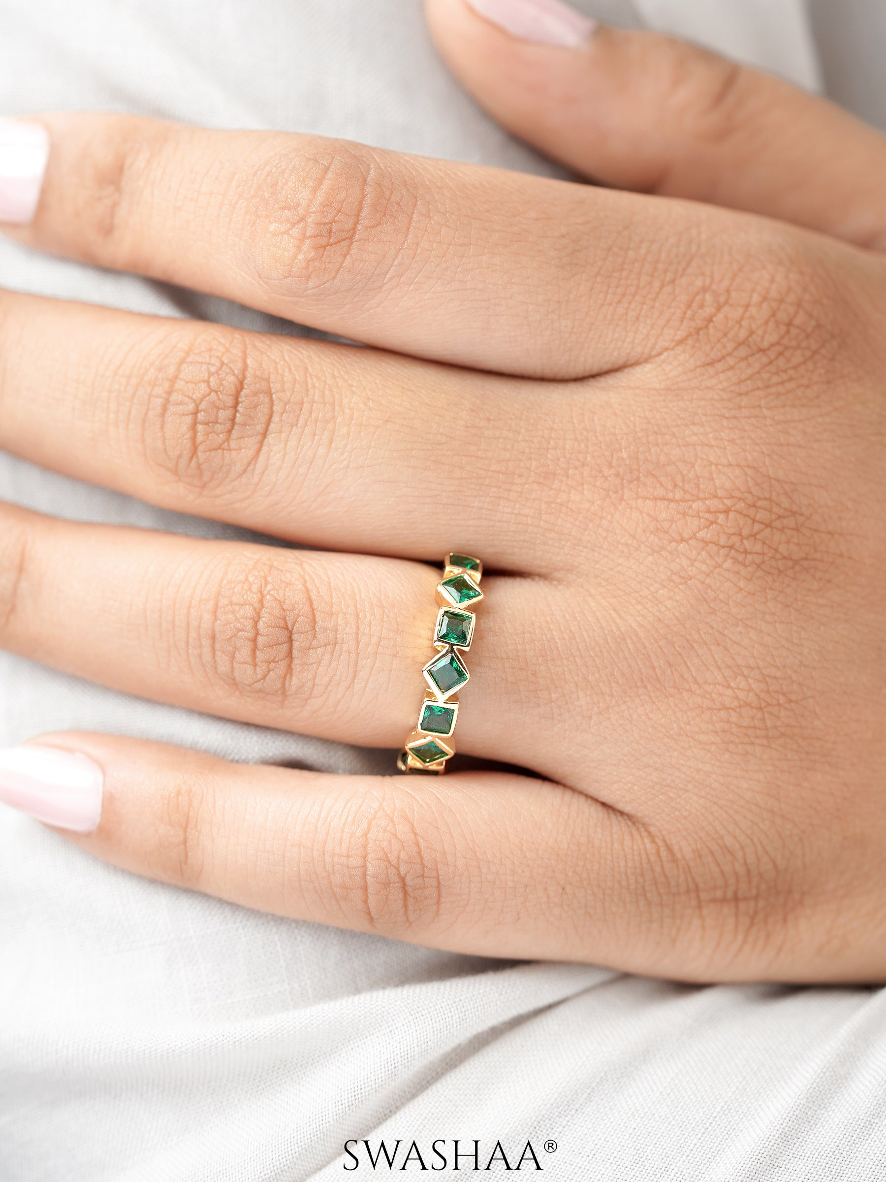 Giselle Geometric Green Emarald 18K Gold Plated Band Ring