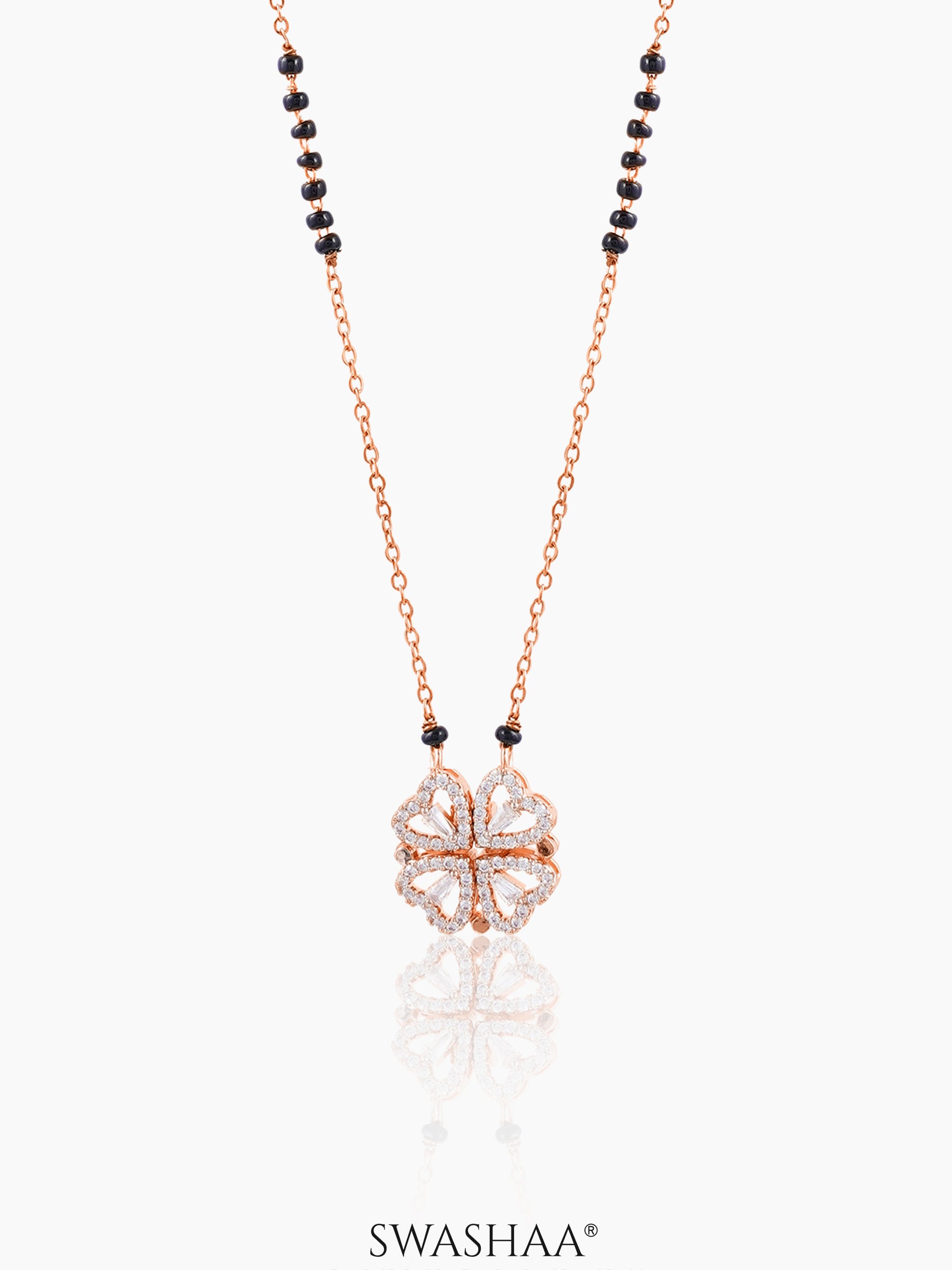 Gleaming Clover Diamond Heart Rosegold Plated Pendant Mangalsutra
