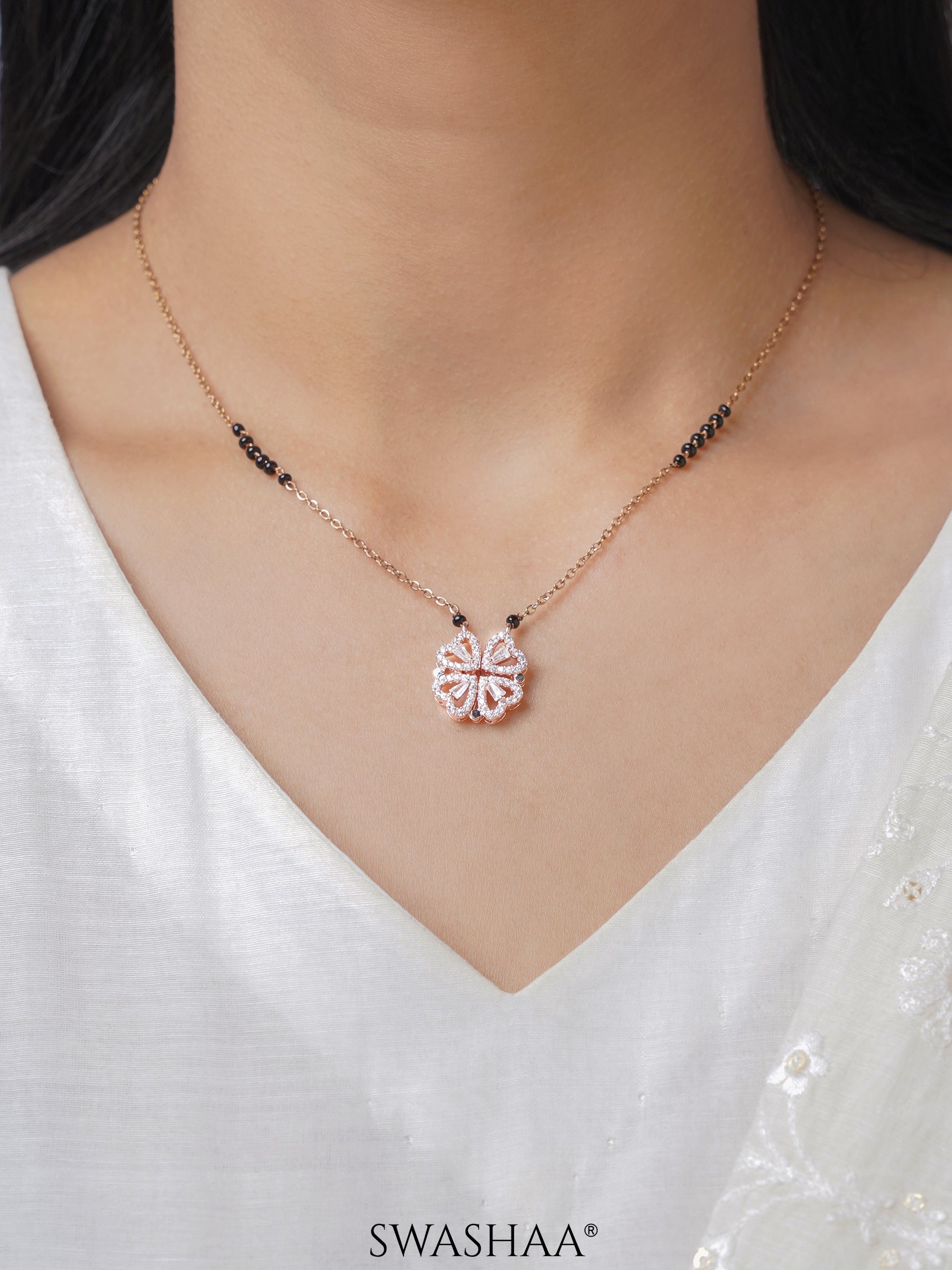 Gleaming Clover Diamond Heart Rosegold Plated Pendant Mangalsutra