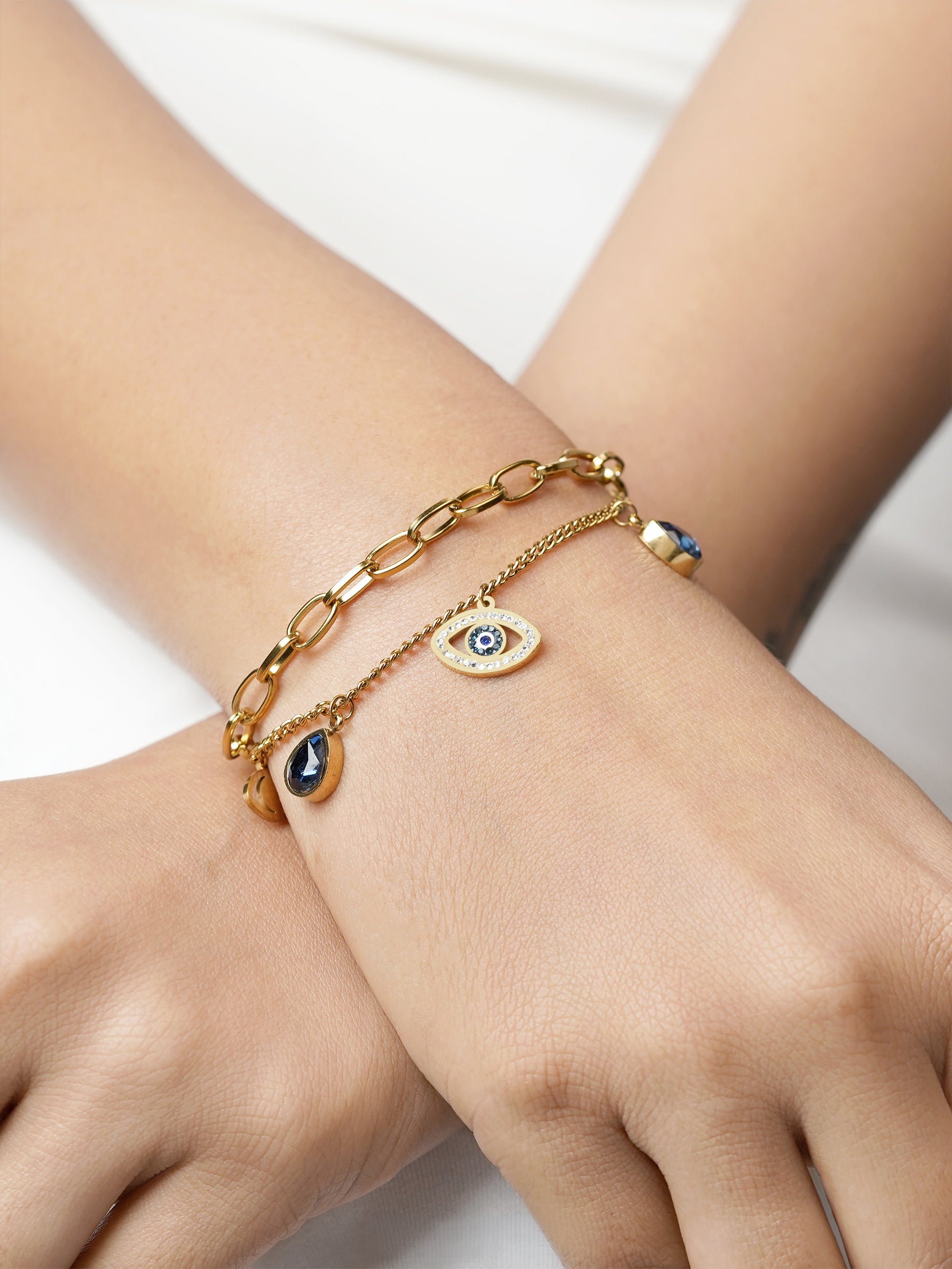 Gracie Blue Evil Eye Teardrop Diamond Charm 18K Gold Plated Loose Chain Bracelet