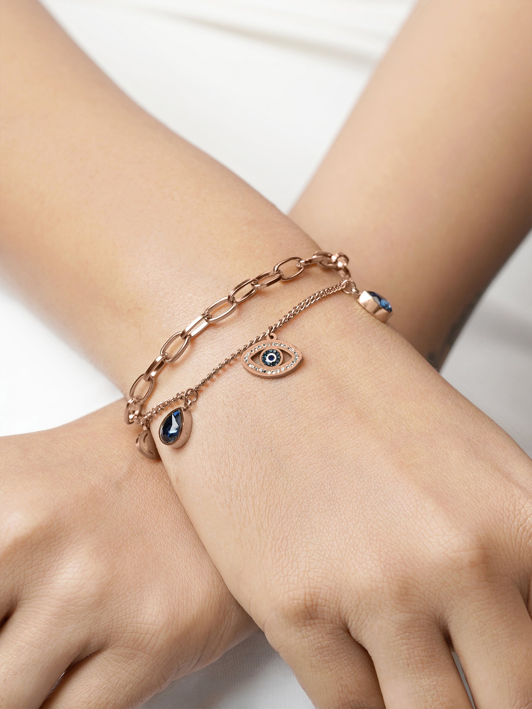 Gracie Blue Evil Eye Teardrop Diamond Charm Rosegold Plated Loose Chain Bracelet