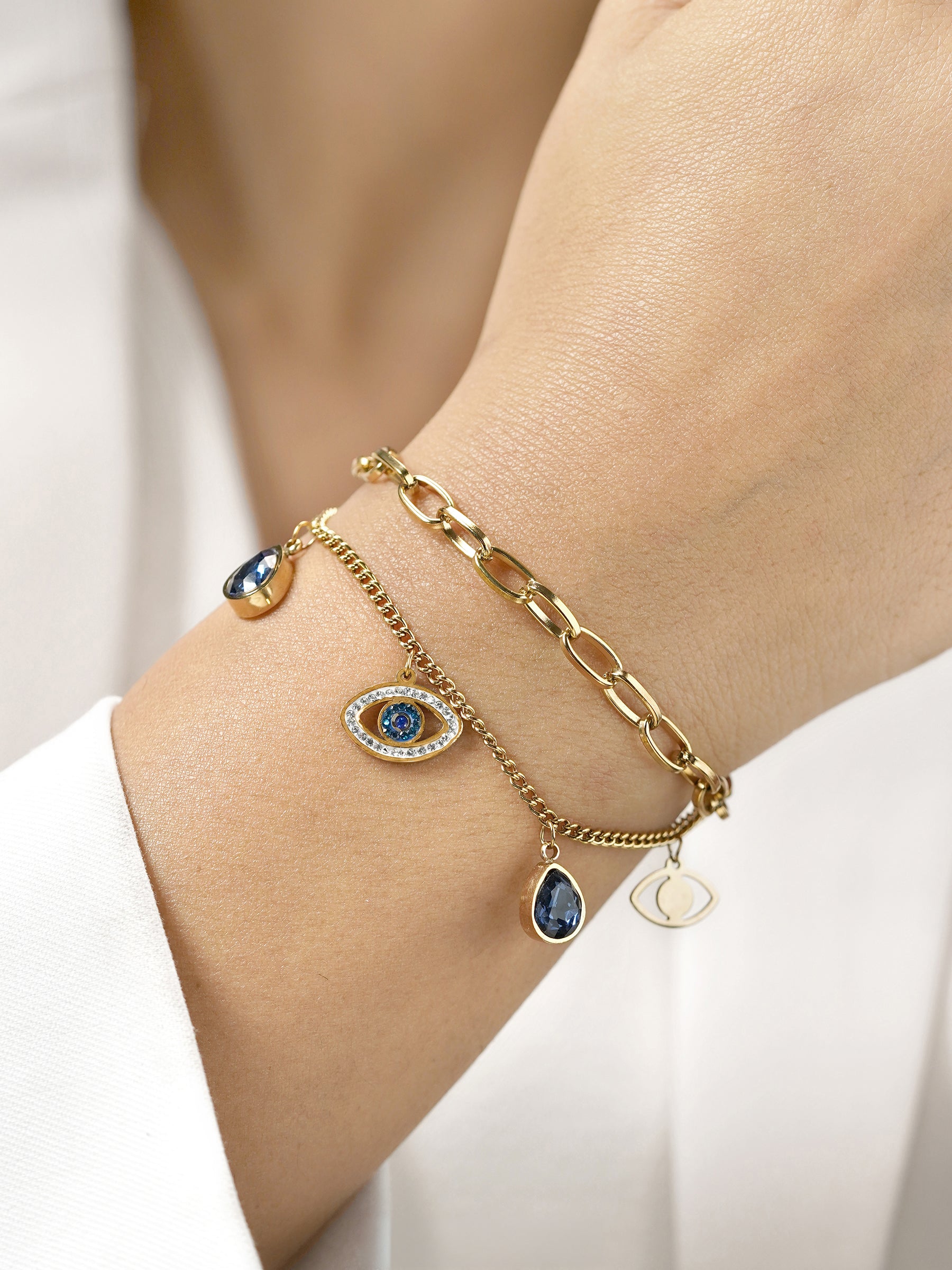 Gracie Blue Evil Eye Teardrop Diamond Charm 18K Gold Plated Loose Chain Bracelet