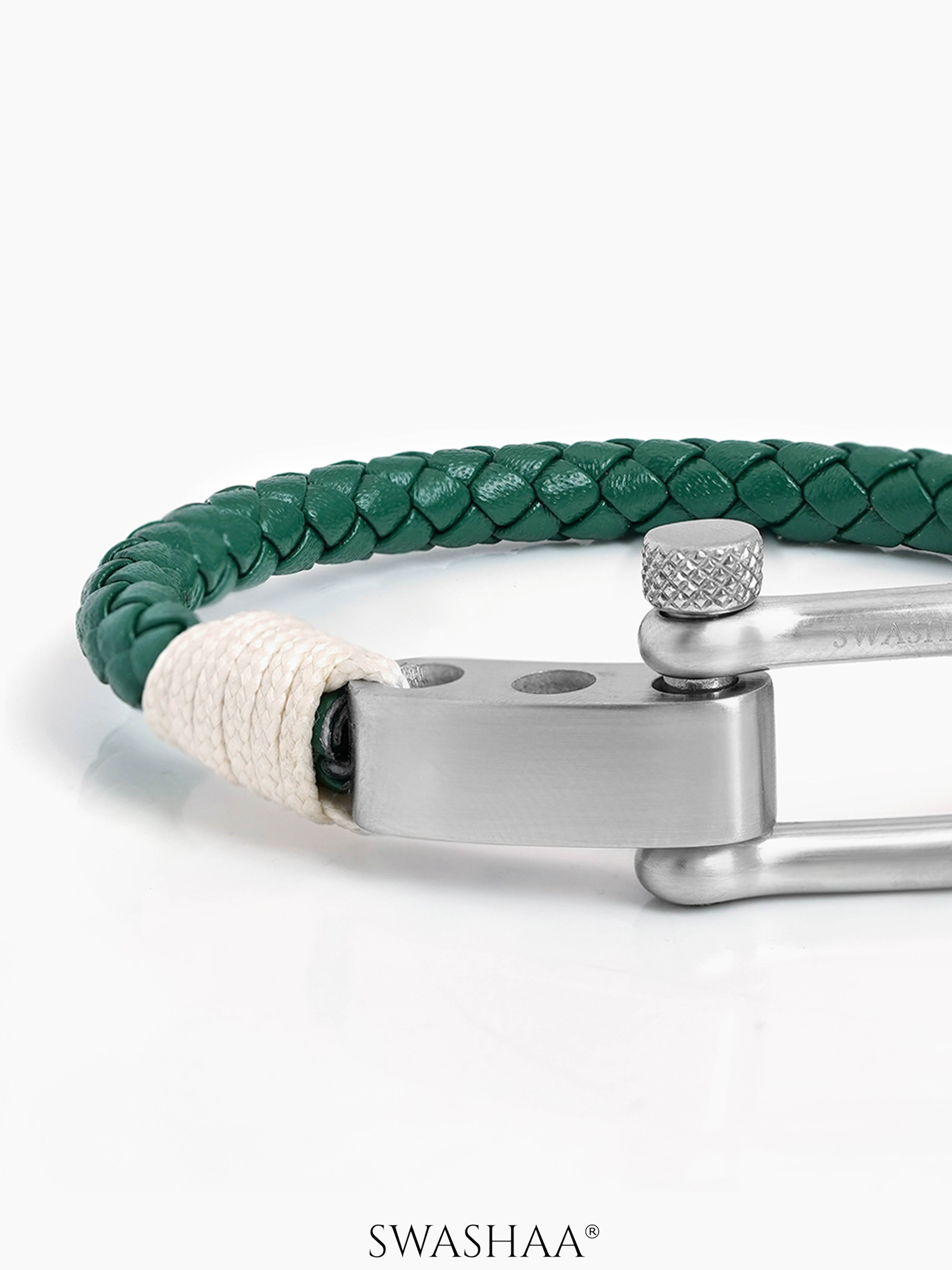 Green Braided Cream Thread Trail Men's Leather Bracelet