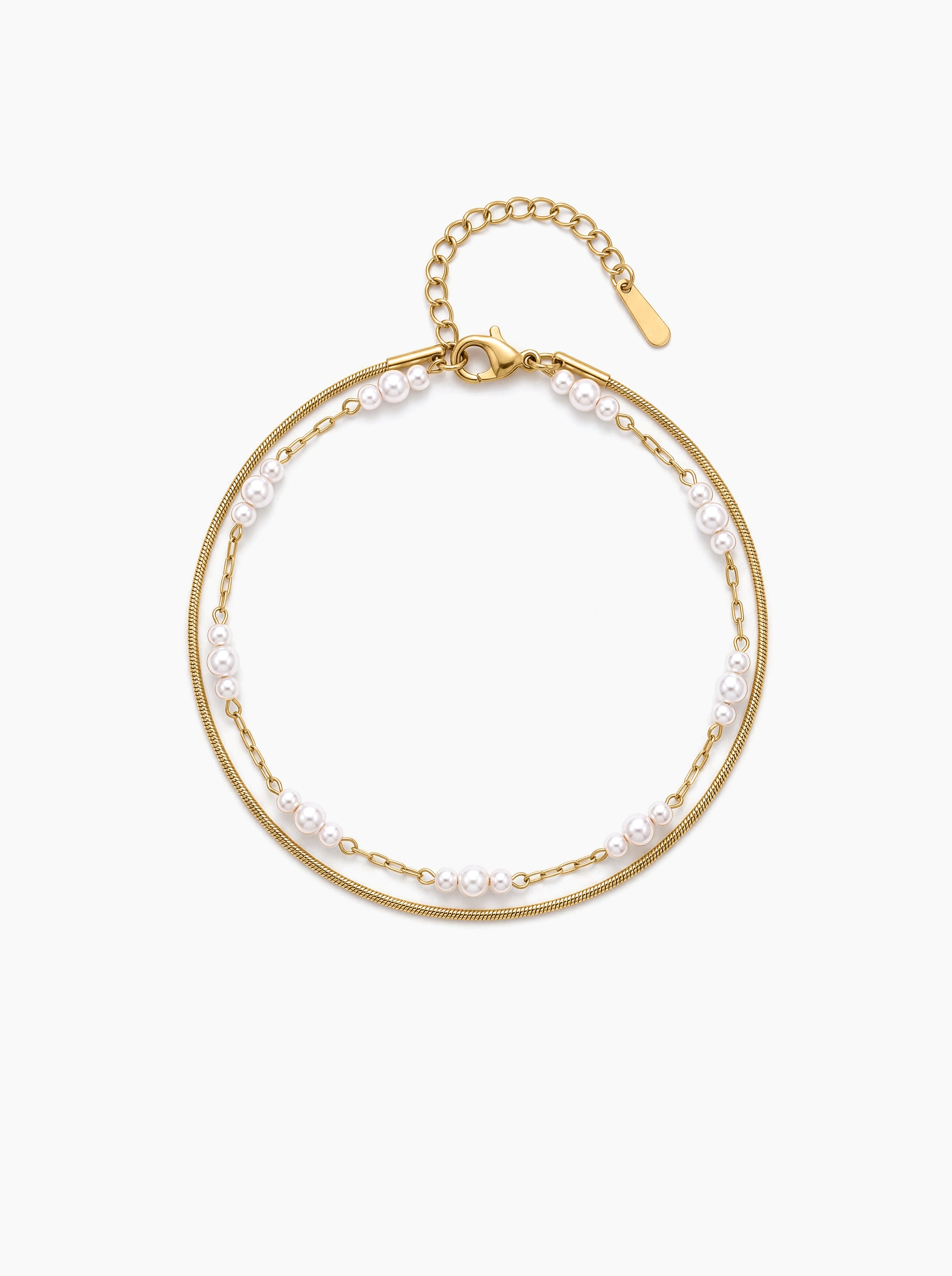 Greta Pearl Round Snake 18K Gold Plated Women's Layered Anklet
