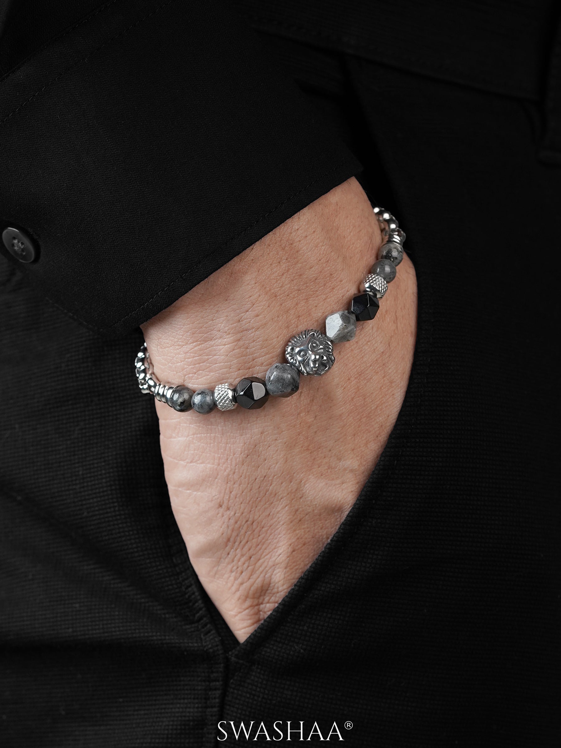 Harrisson Black Grey Beads Lion Head Silver Men's Chain Loose Bracelet