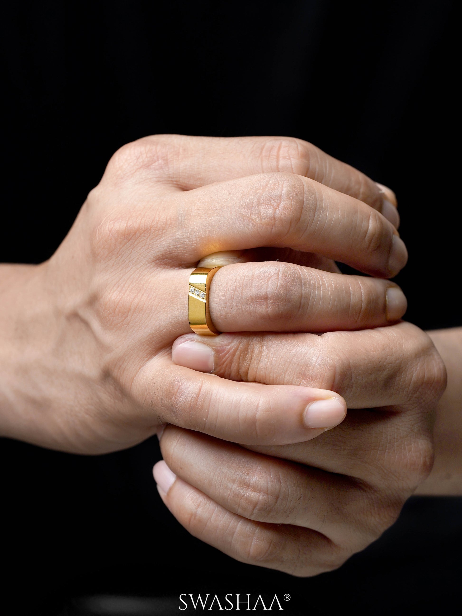 Harward CZ Diamonds Rectangular 18K Gold Plated Band Men's Ring