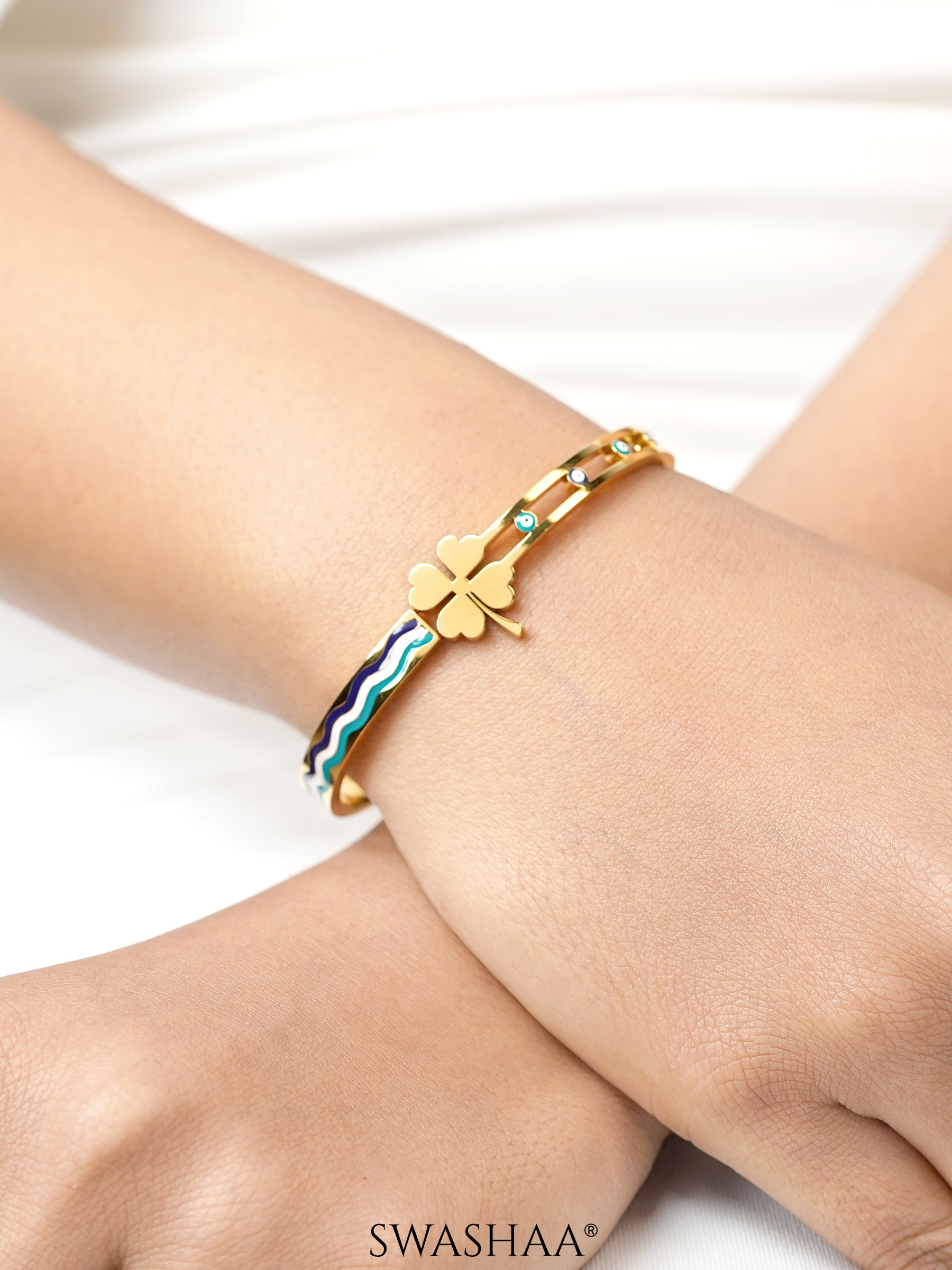 Helel Four Leaf Clover Charm Evil Eye 18K Gold Plated Cuff Bracelet