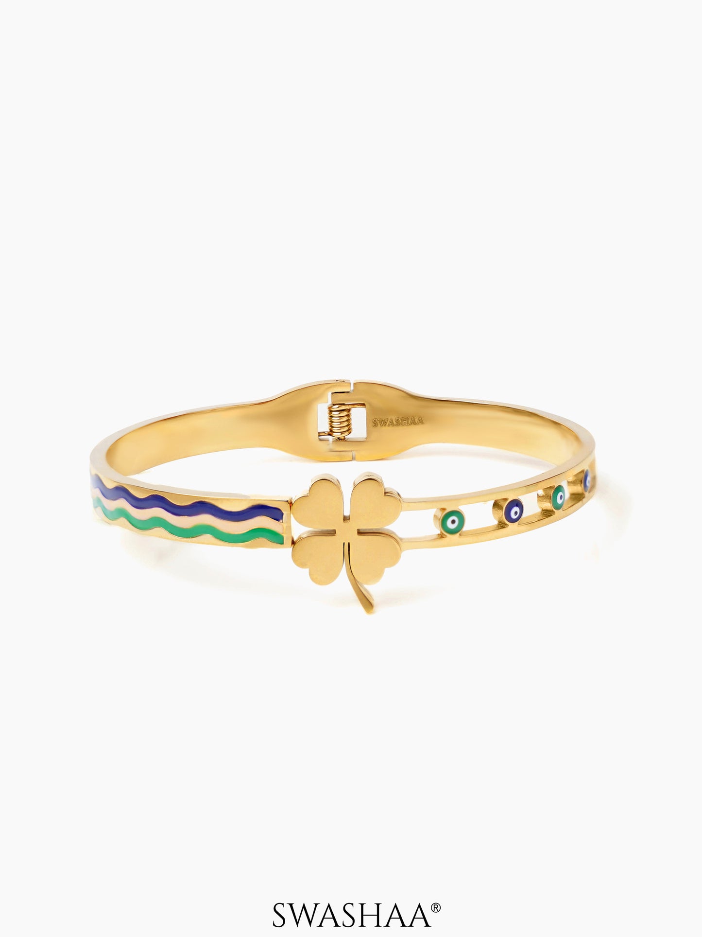 Helel Four Leaf Clover Charm Evil Eye 18K Gold Plated Cuff Bracelet