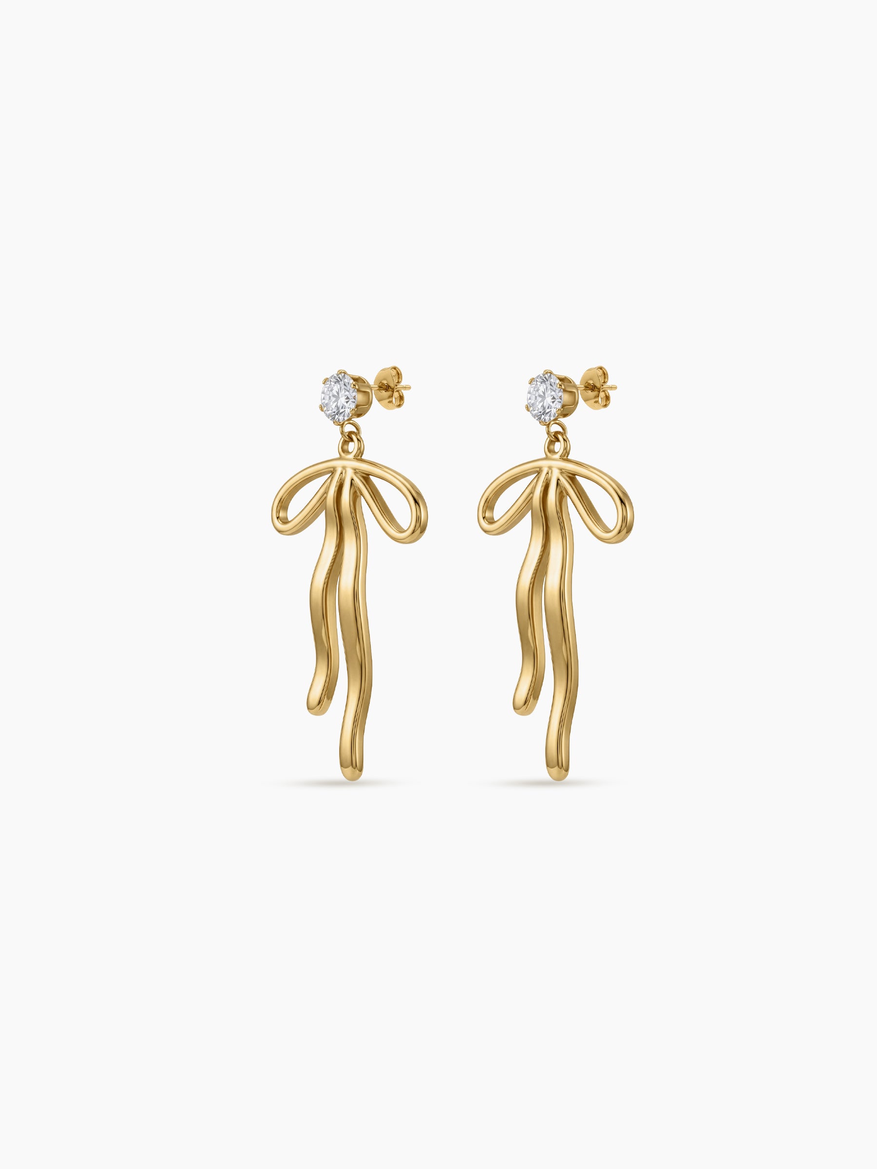 Helina Ribbon Diamond Solitaire Drop Dangling 18K Gold Plated Women's Earrings