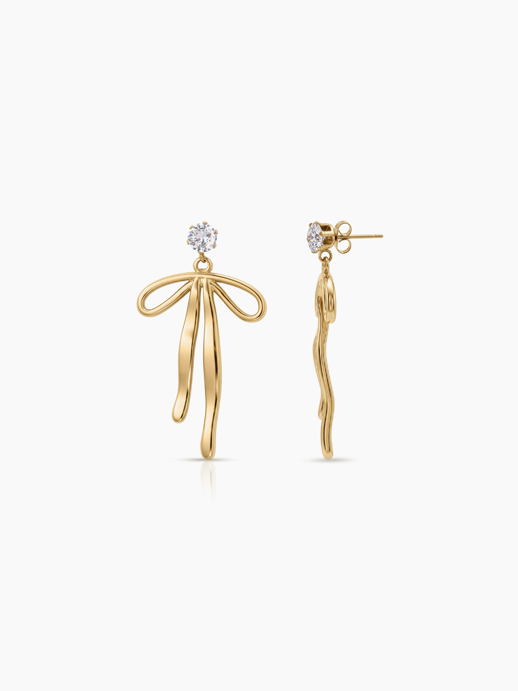 Helina Ribbon Diamond Solitaire Drop Dangling 18K Gold Plated Women's Earrings