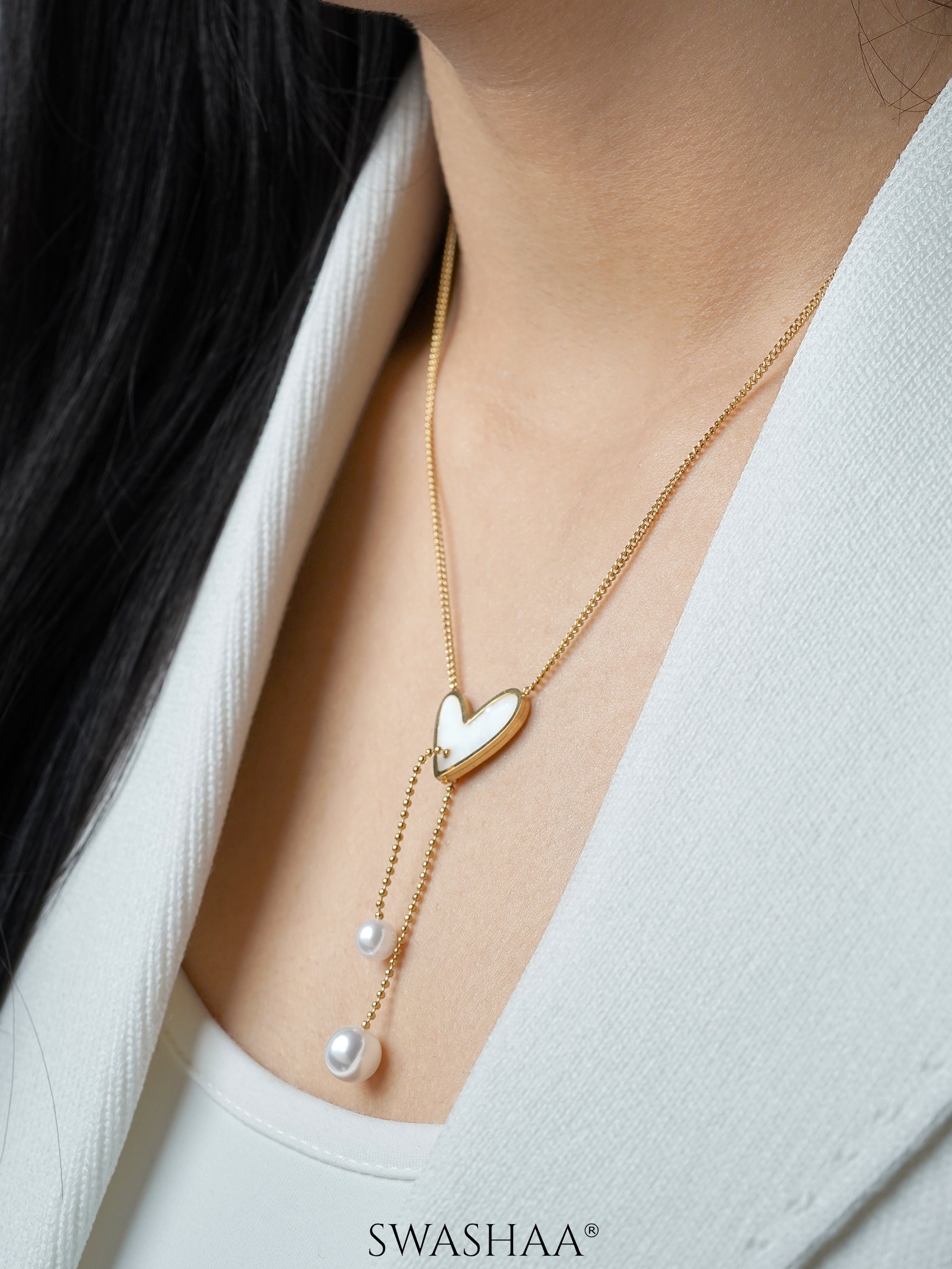 Hestia Heart Pearl Charm Y-Shaped 18K Gold Plated Chian Pendant Necklace