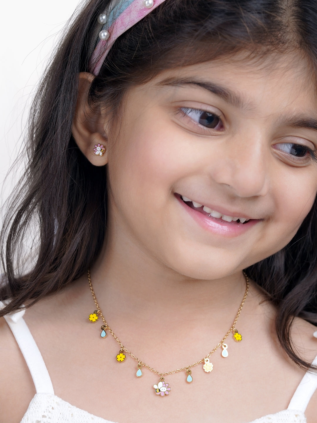 Honey Bee Bloom Flower Floral Charms Kid's Jewelry Set Of 3 Necklace, Stud Earrings & Charm Bracelet