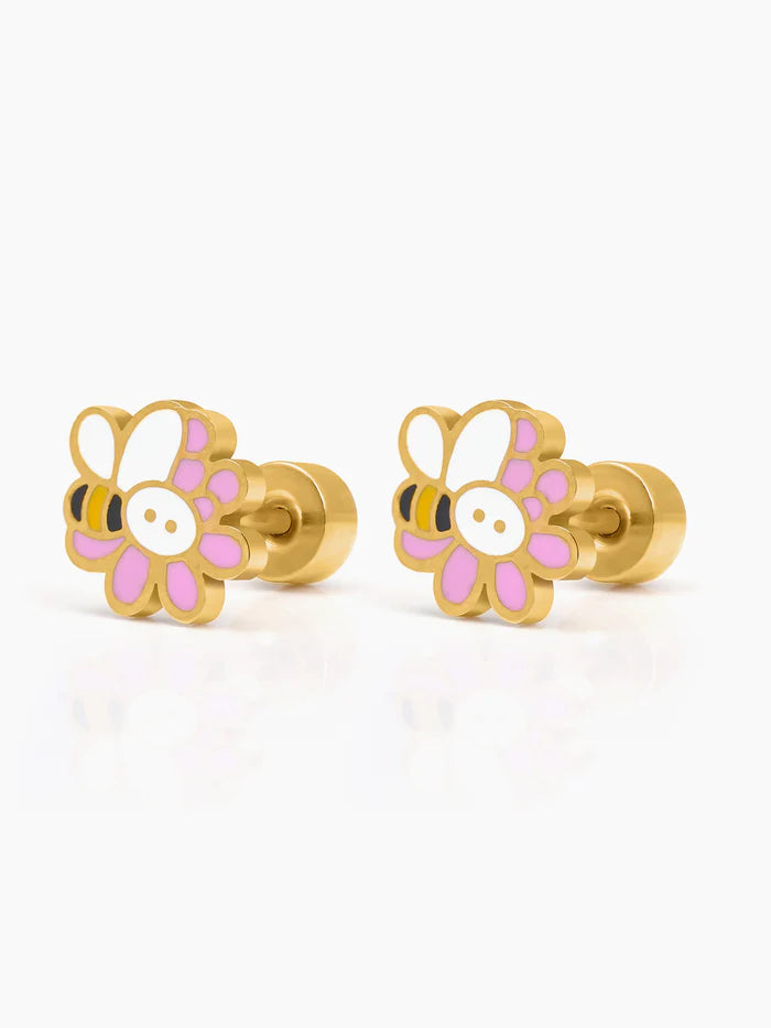 Honey Bee Bloom Charm 18K Gold Plated Kid's Stud Earrings