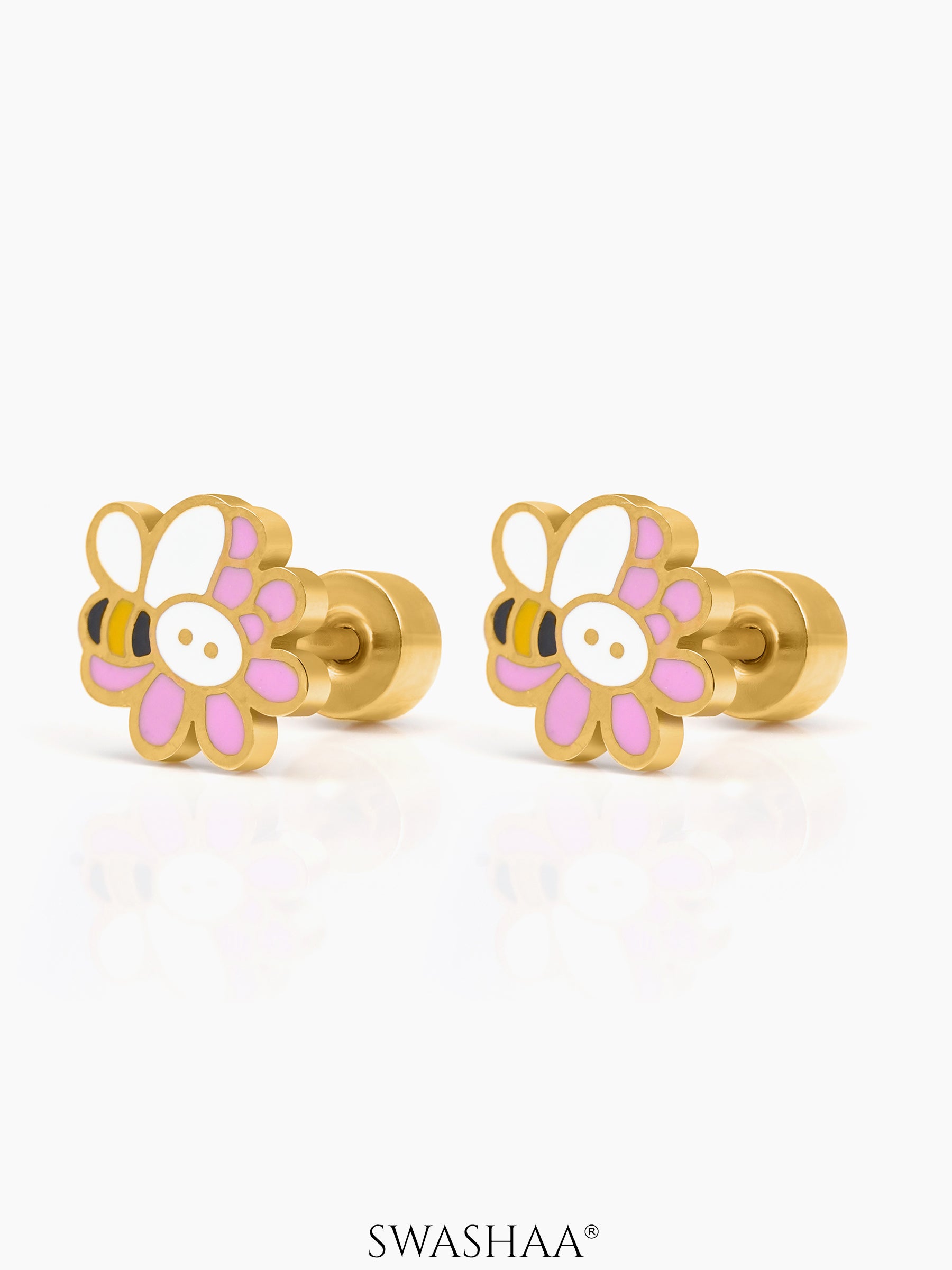Honey Bee Bloom Charm 18K Gold Plated Kid's Stud Earrings